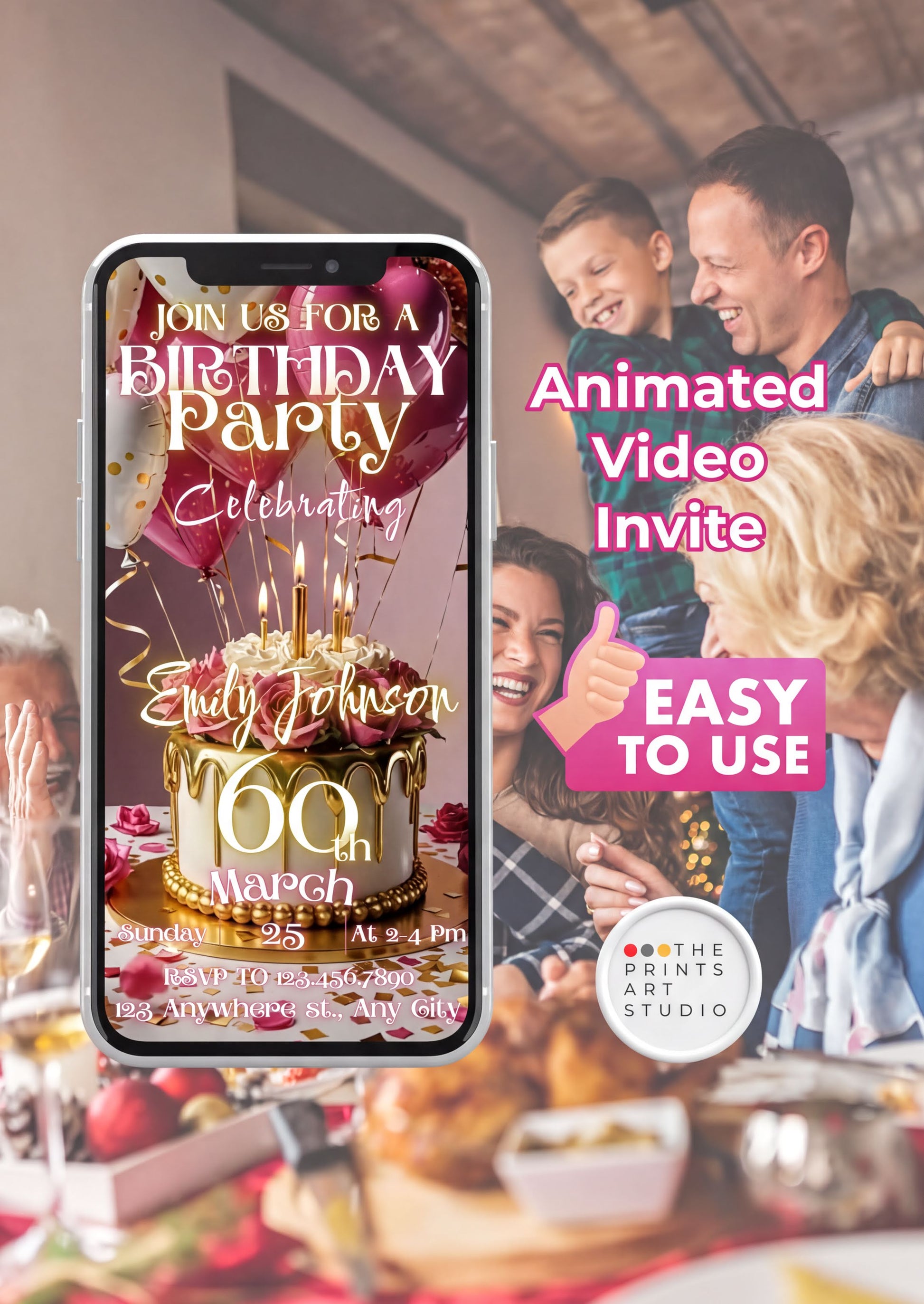 60th Birthday Video Invitation featuring gold design on a smartphone for a birthday party celebration.