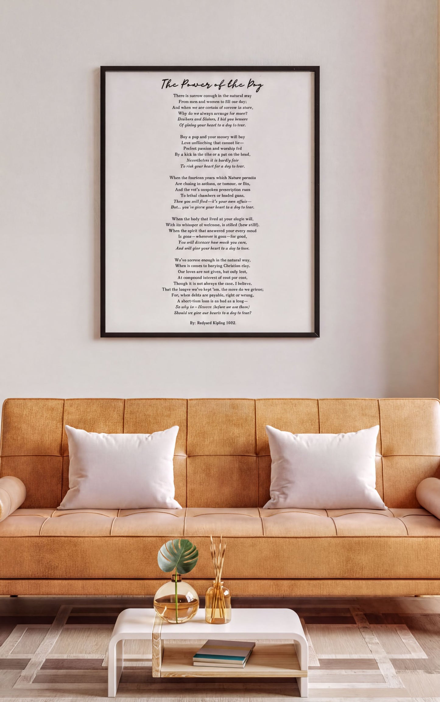The Power of the Dog by Rudyard Kipling – Heartfelt Pet Loss Poem Print framed on a wall above a beige couch in a modern living room.