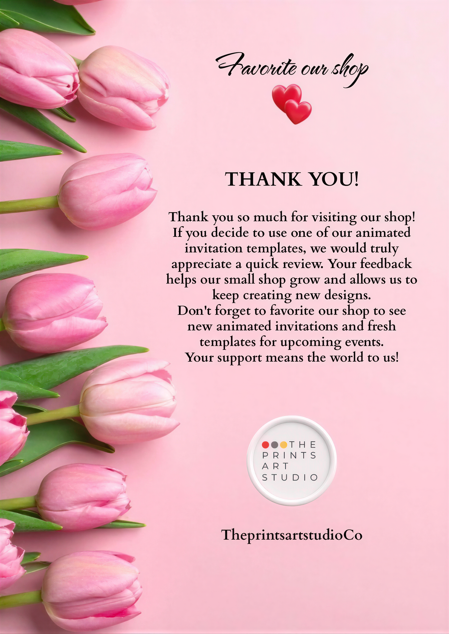 Mermaid Baby Shower Video Invitation Thank you note with pink tulips, encouraging visitors to favor the shop and providing feedback on animated invitations.