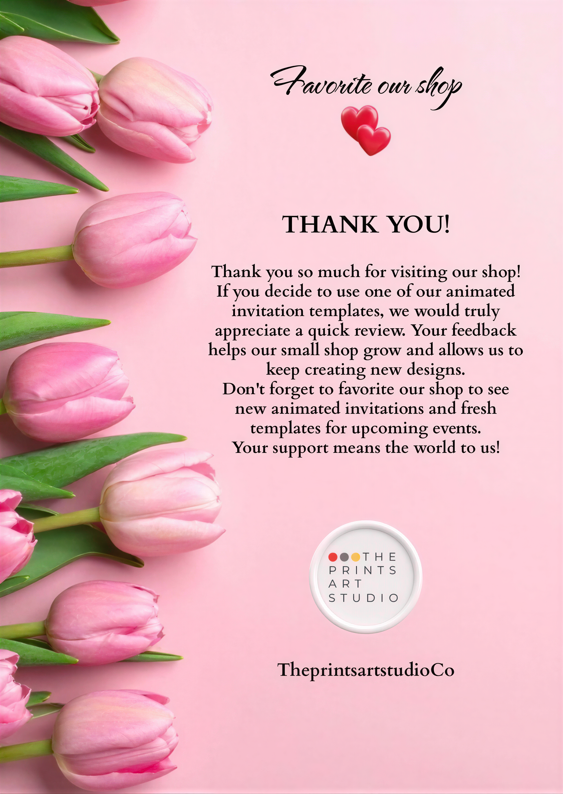 Mermaid Baby Shower Video Invitation Thank you note with pink tulips, encouraging visitors to favor the shop and providing feedback on animated invitations.