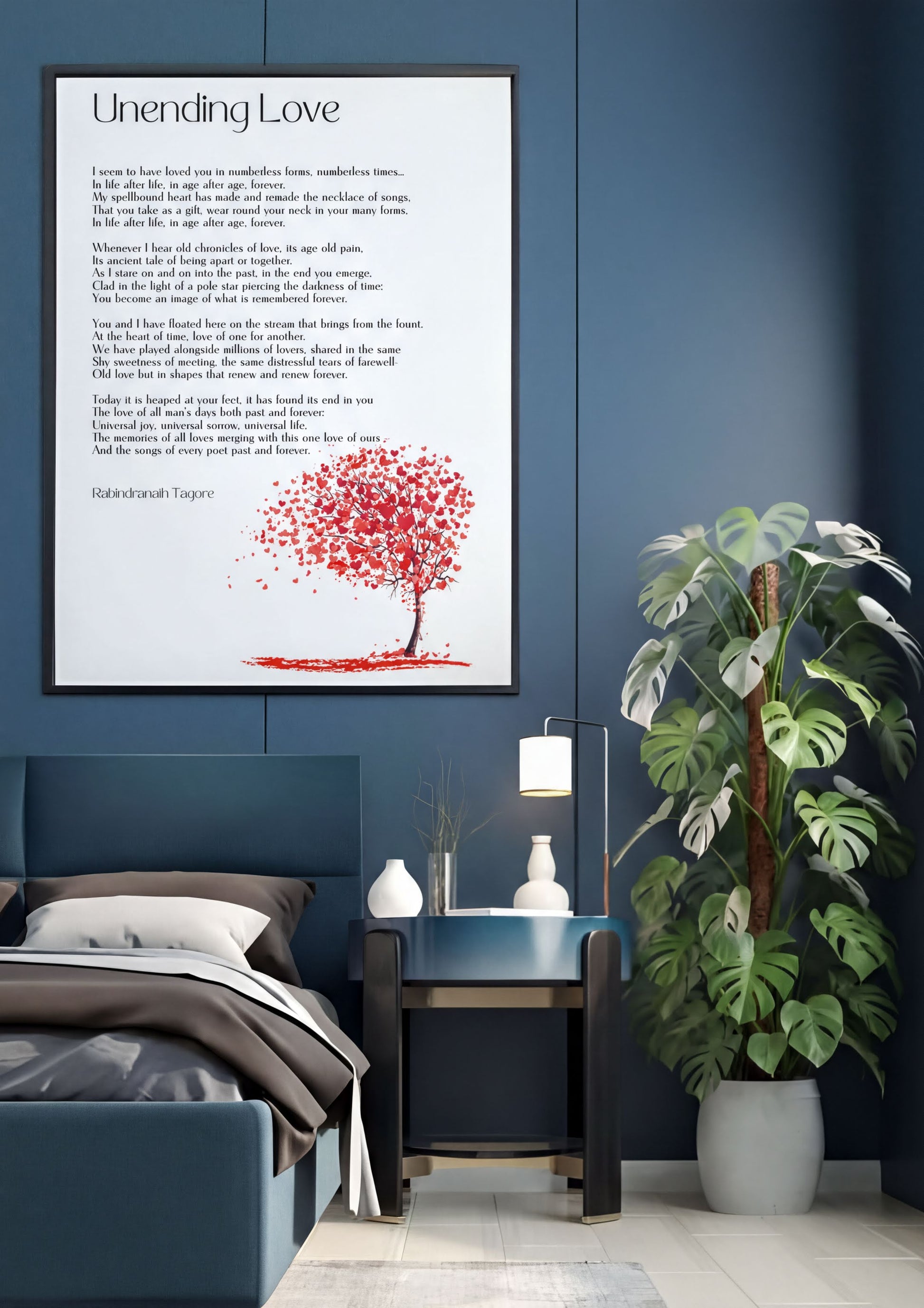 Unending Love Poem Art displayed in a cozy bedroom, featuring a tree design and Tagore's words on a blue wall.