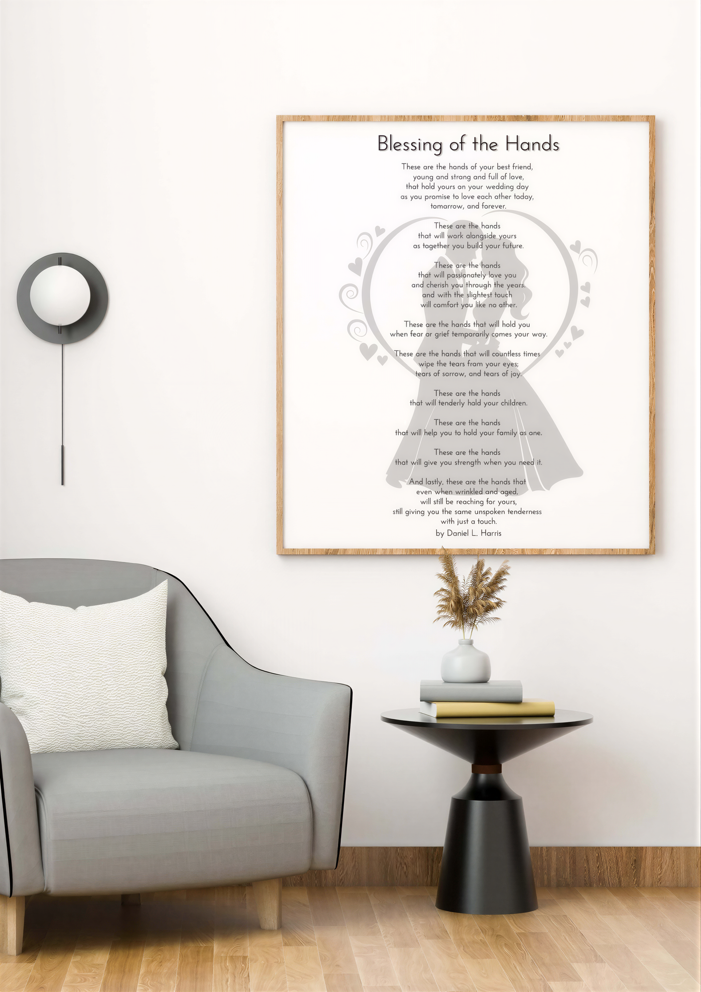 Elegant digital wedding art featuring the Wedding Blessing Poem, titled 'Blessing of the Hands' displayed in a modern setting.