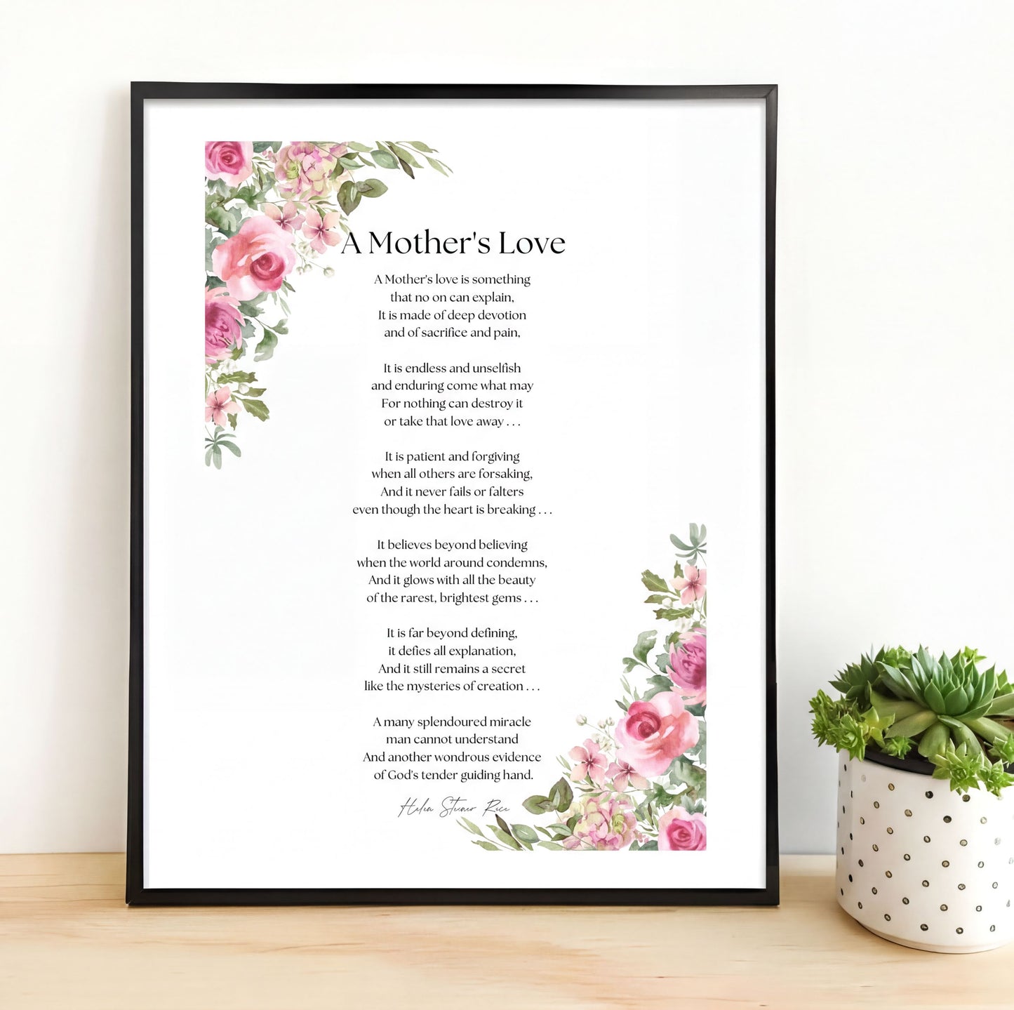 Mothers Love Poem Print - Elegant floral wall art digital download featuring Helen Steiner Rice's poem.