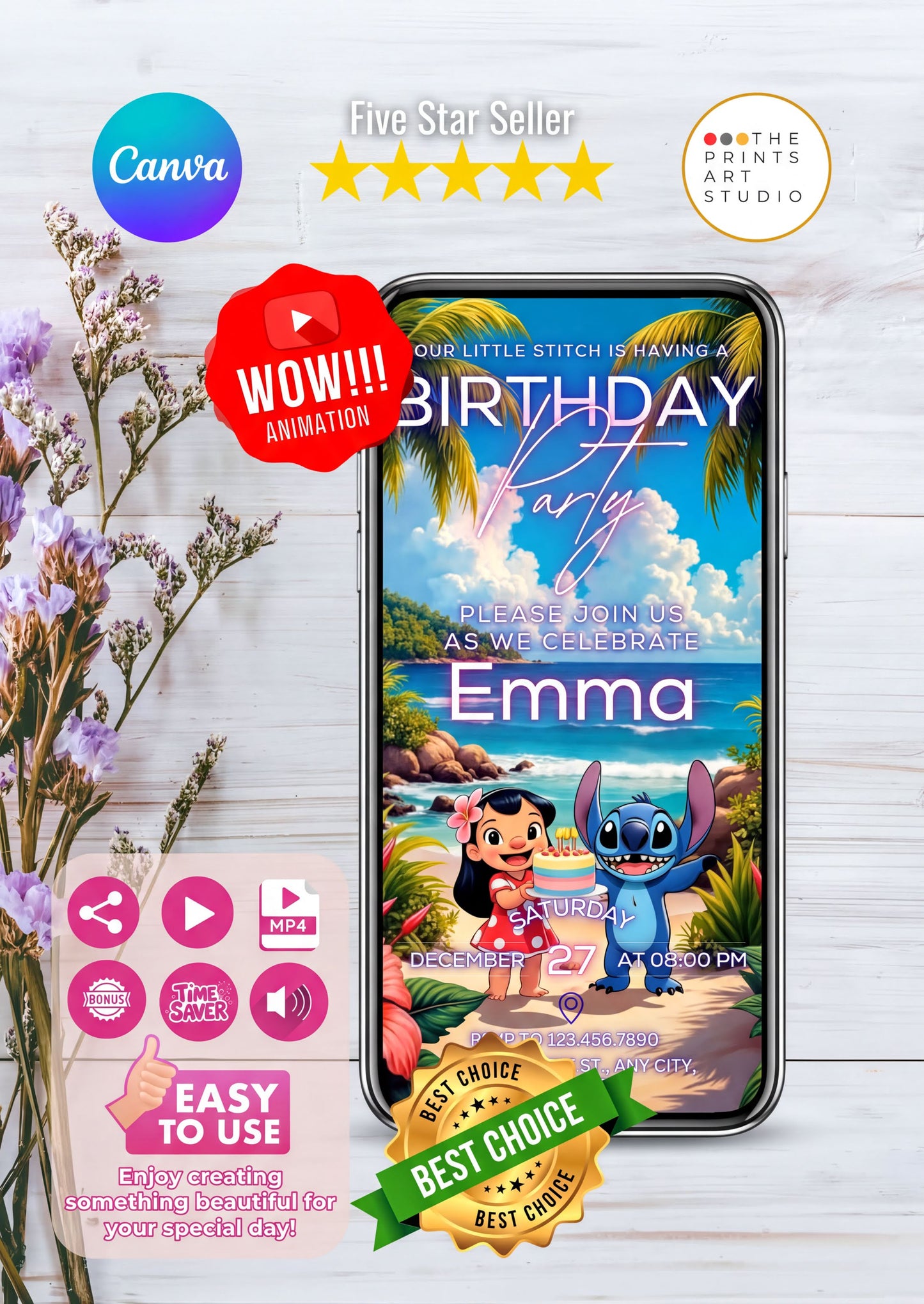 Lilo and Stitch birthday video invitation displayed on smartphone with tropical design and animation elements.