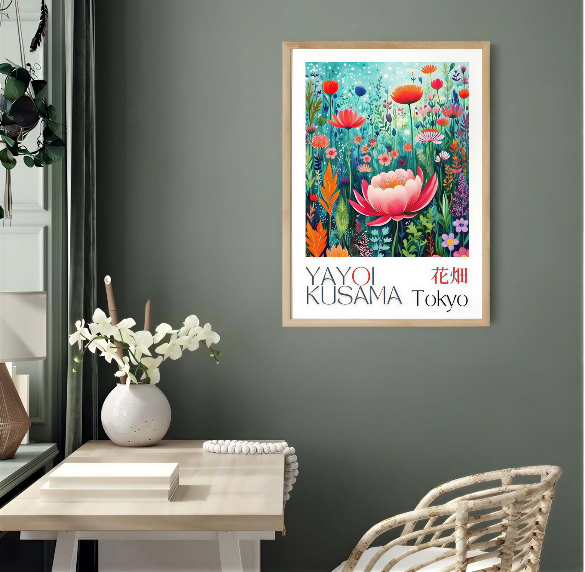 Yayoi Kusama Art – Vibrant Wildflower Print featuring bold flowers in a stylish frame on a green wall, ideal for decor.