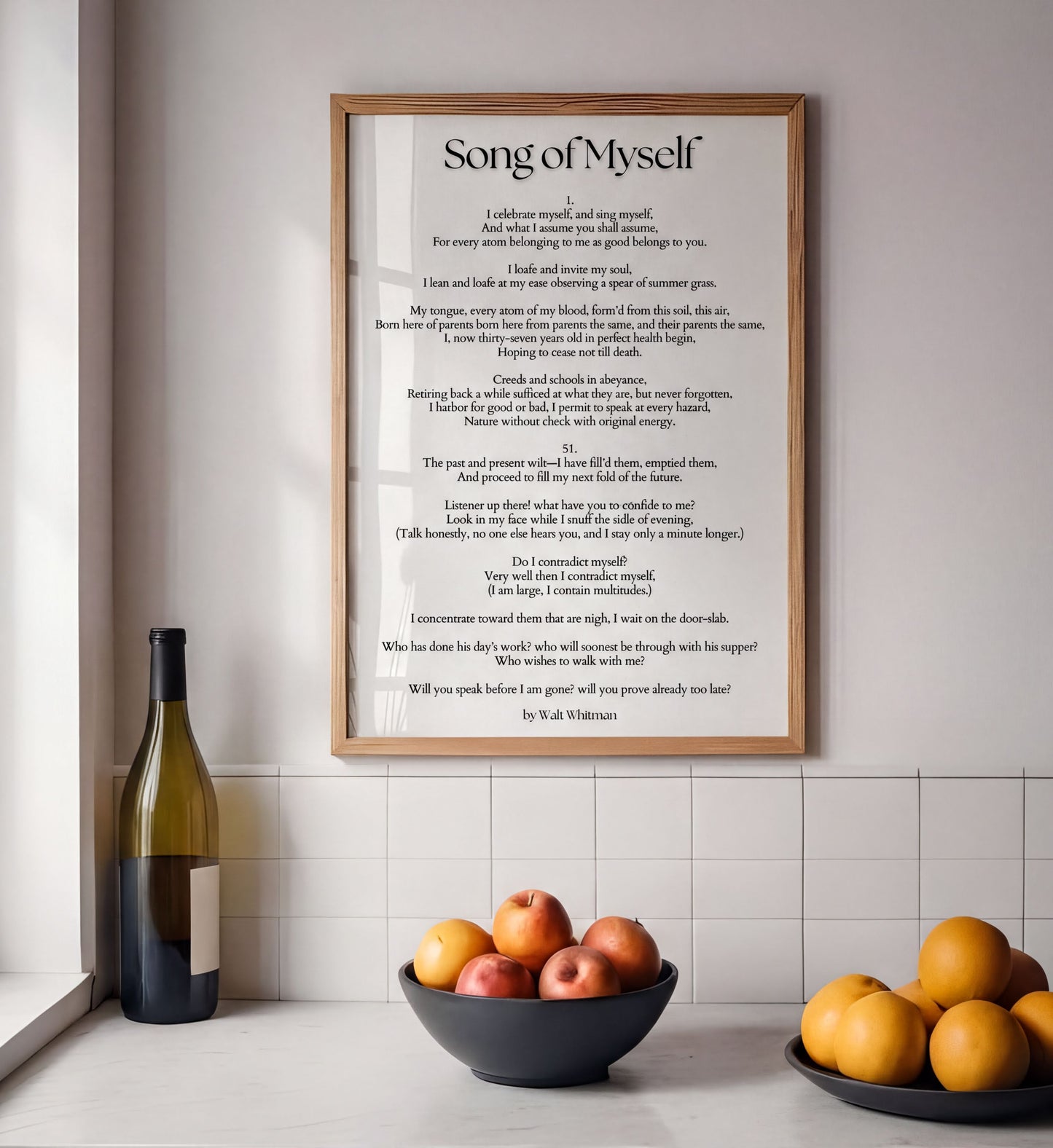 Song of Myself Print displayed in a frame, featuring black and white elegant typography poetry wall decor.
