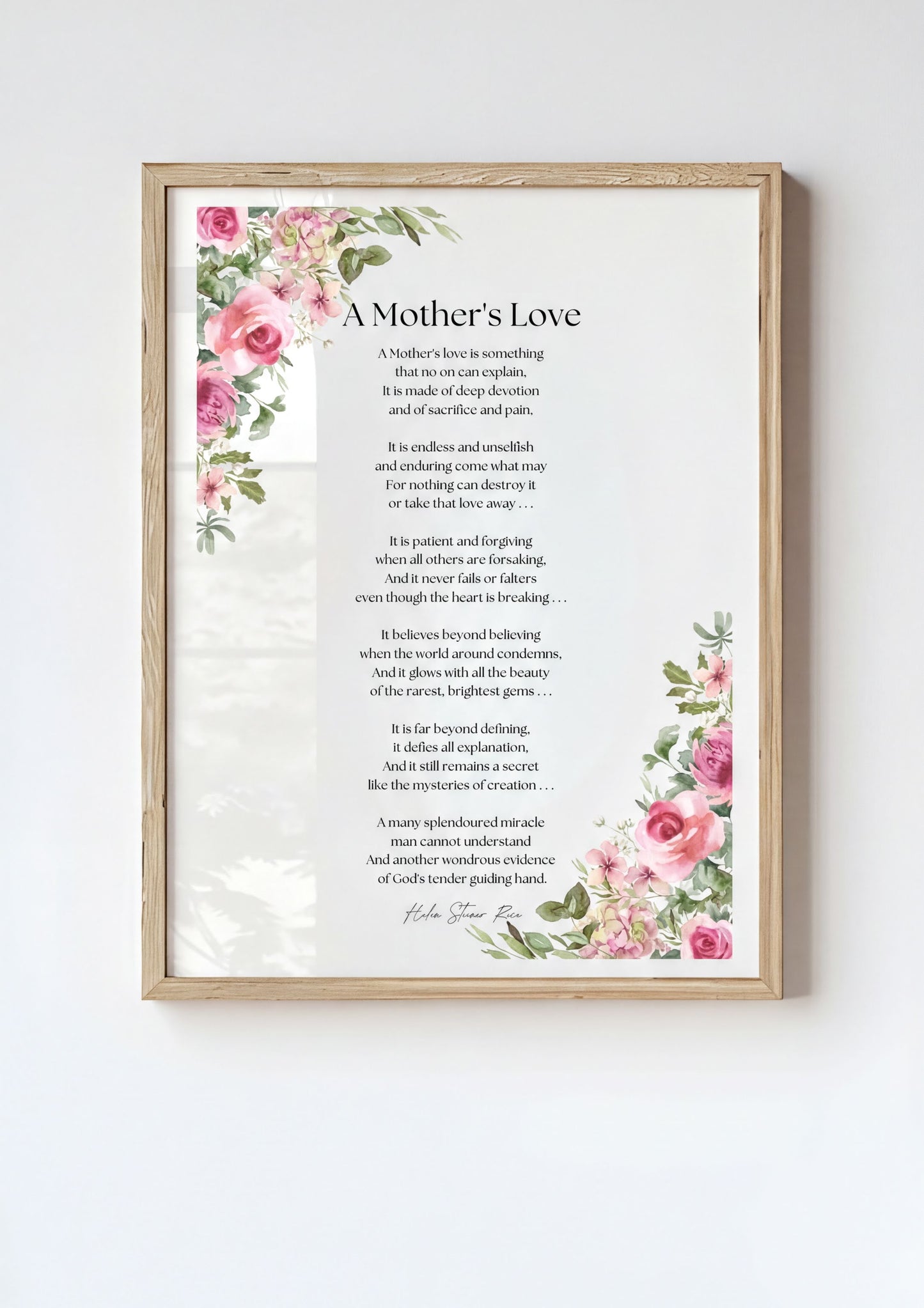 Mothers Love Poem Print framed with floral design, showcasing heartfelt poem about motherhood.