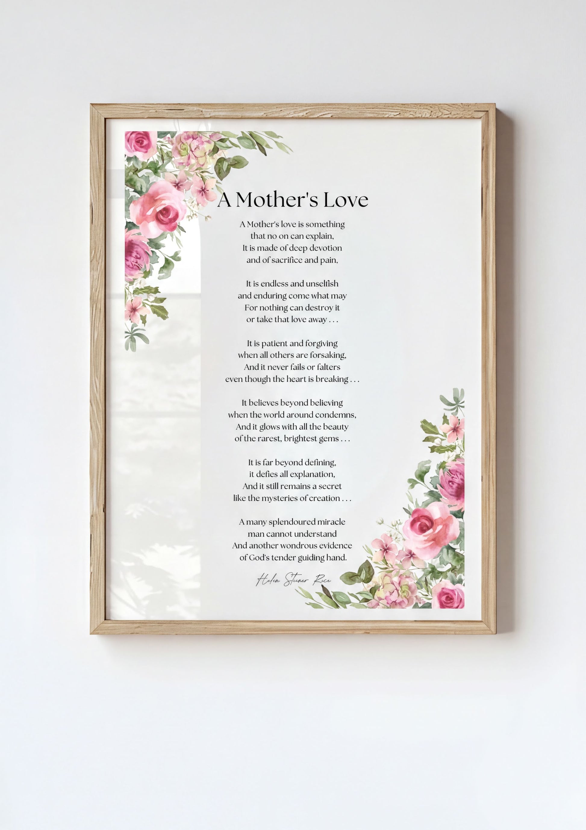 Mothers Love Poem Print framed with floral design, showcasing heartfelt poem about motherhood.