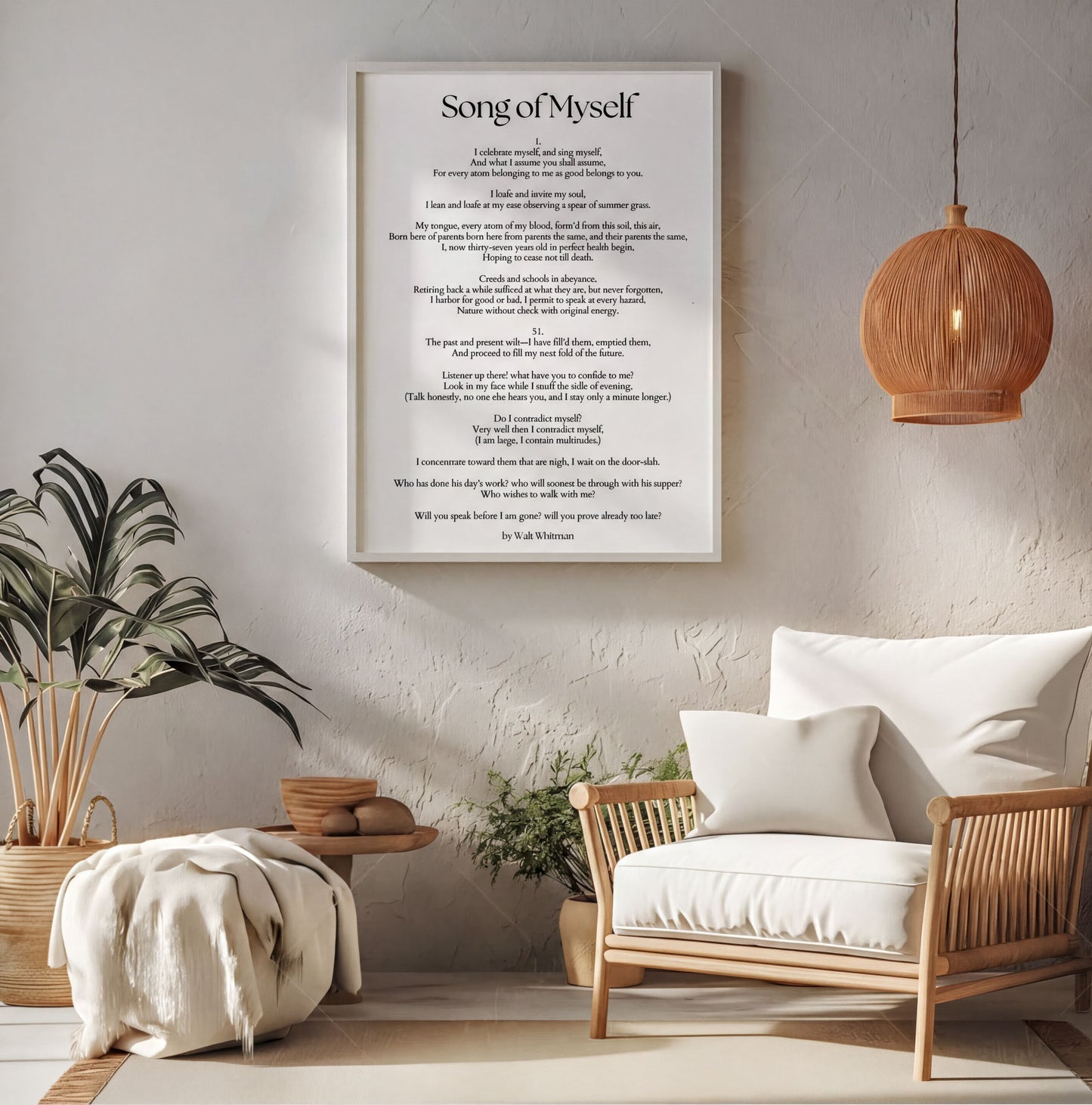 Song of Myself Print displayed in a modern living space, showcasing inspirational poetry wall decor with elegant typography.
