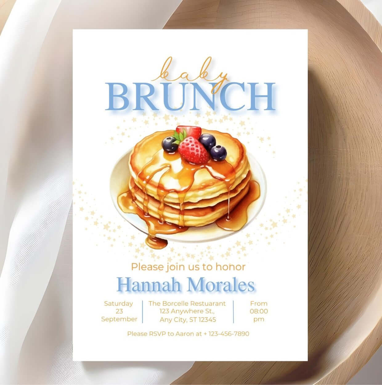 Editable Baby Brunch Invitation – Pancake Baby Shower Invite, Digital Baby Shower Brunch Card displayed on wooden background.