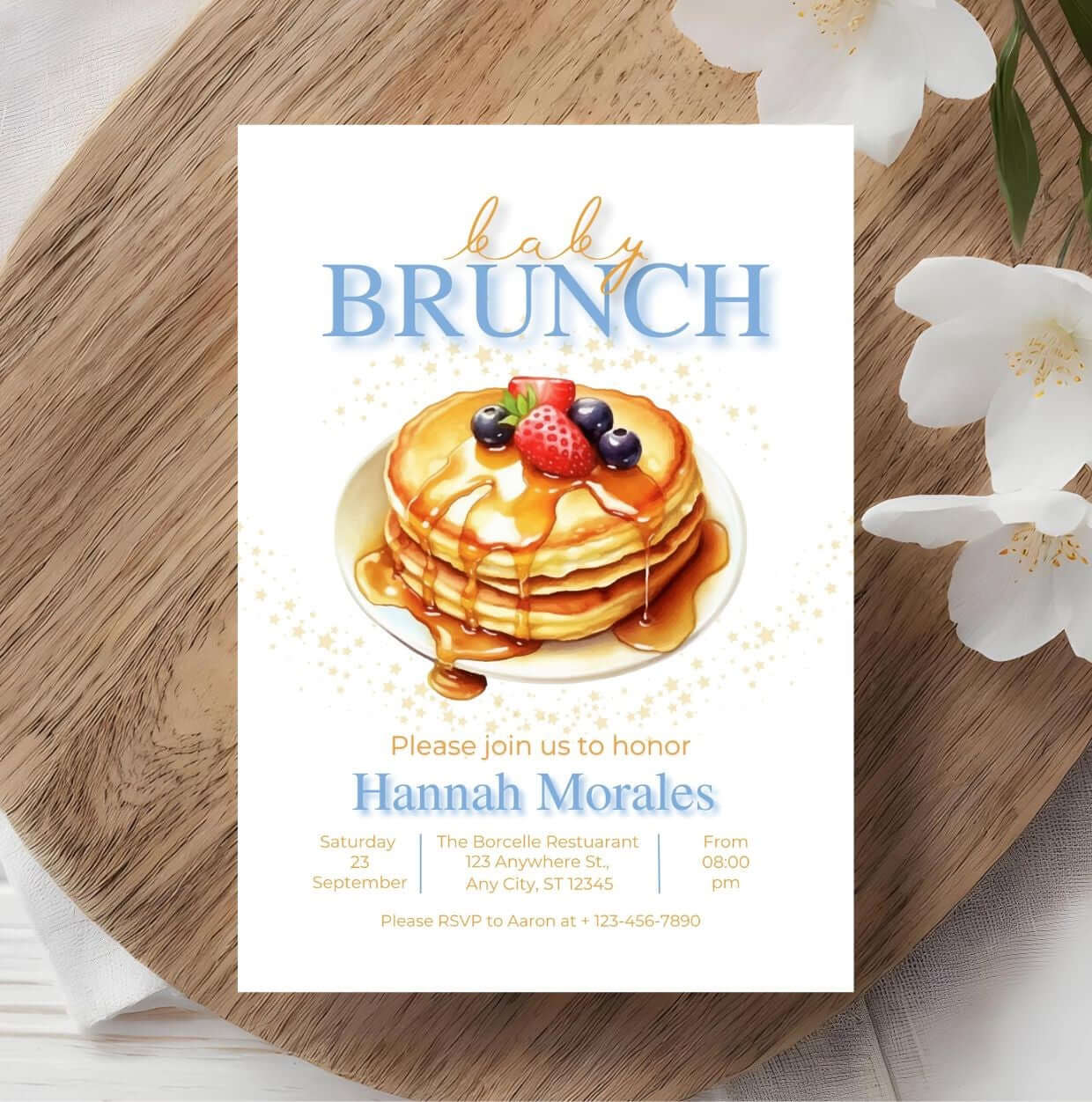 Editable Baby Brunch Invitation – Pancake Baby Shower Invite, Digital Baby Shower Brunch Card featuring pancake stack design.