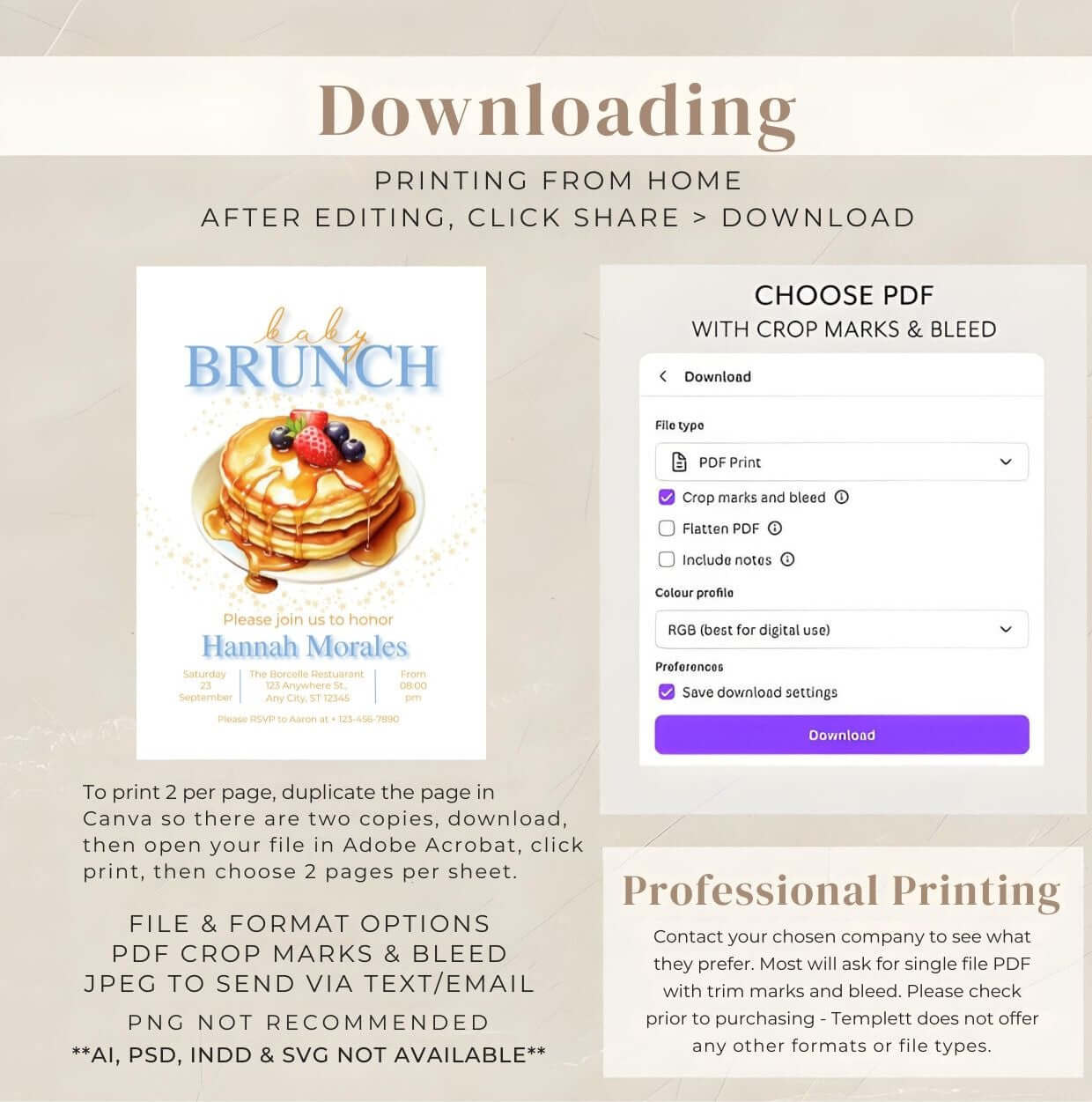 Editable Baby Brunch Invitation – Pancake Baby Shower Invite, Digital Baby Shower Brunch Card design and download options.