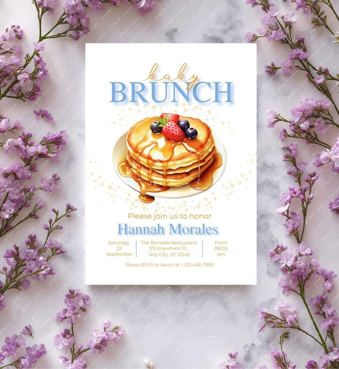Editable Baby Brunch Invitation – Pancake Baby Shower Invite, Digital Baby Shower Brunch Card with floral design