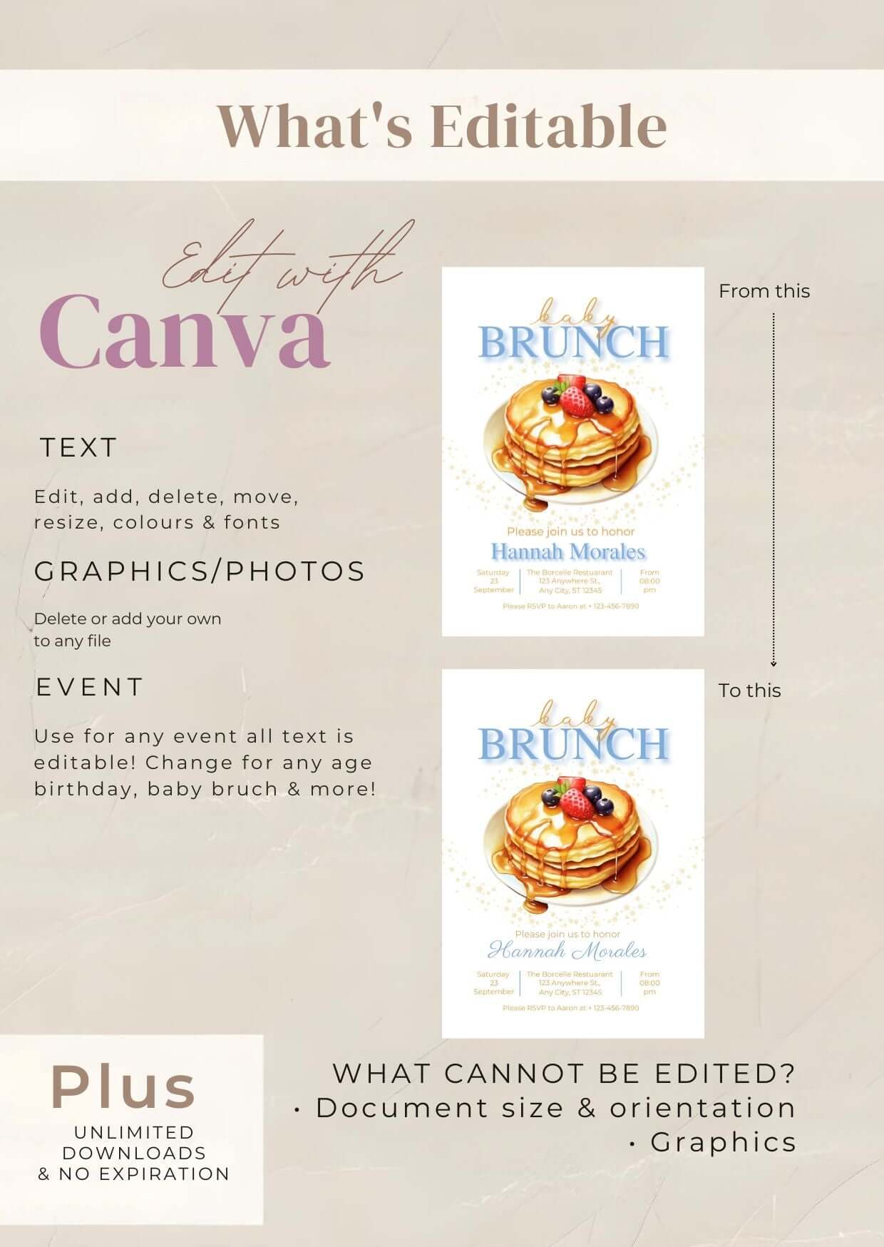 Editable Baby Brunch Invitation – Pancake Baby Shower Invite, Digital Baby Shower Brunch Card sample shown with editing options