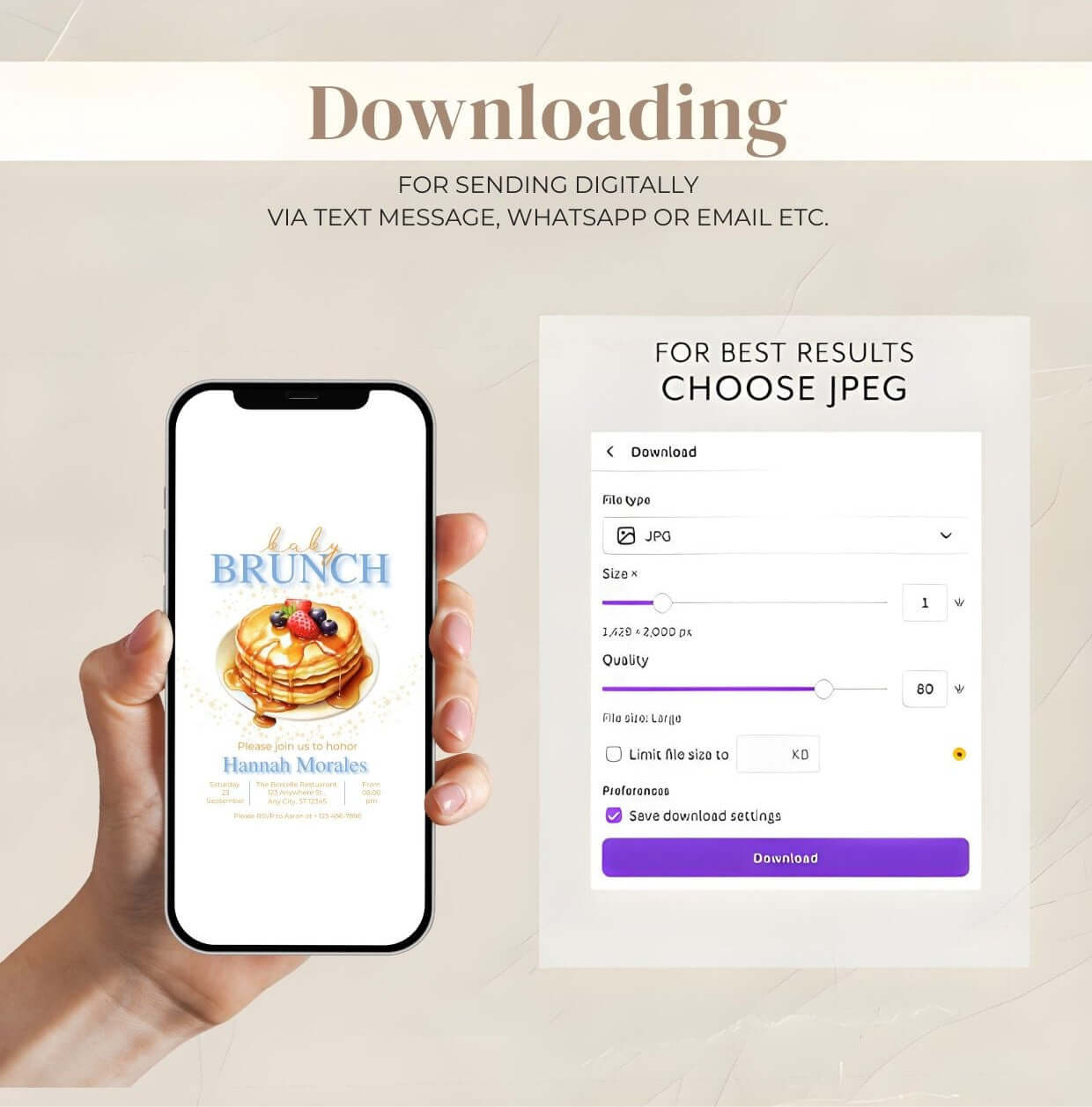 Editable Baby Brunch Invitation – Pancake Baby Shower Invite, Digital Baby Shower Brunch Card displayed on a smartphone.