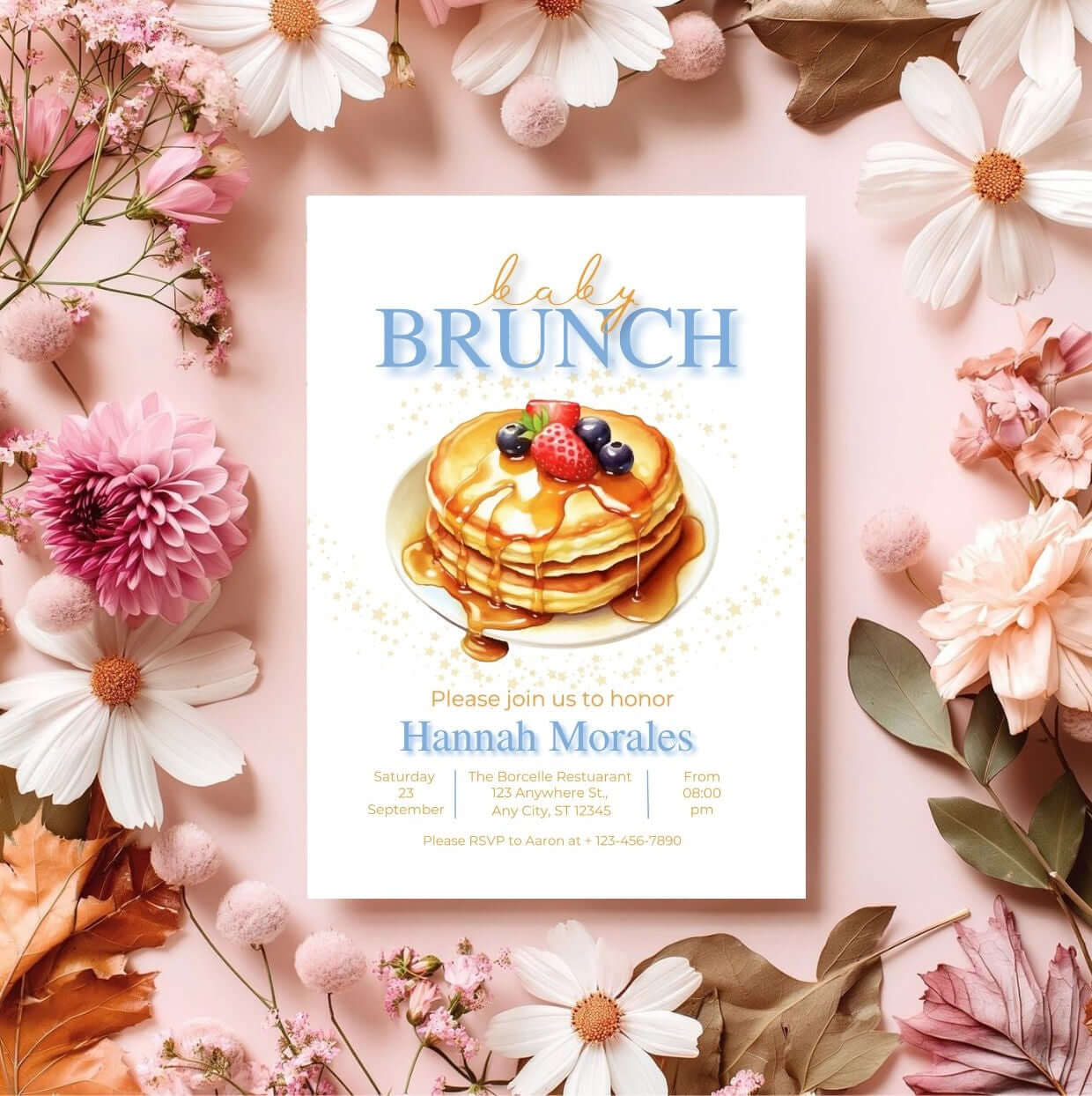 Editable Baby Brunch Invitation – Pancake Baby Shower Invite, Digital Baby Shower Brunch Card with floral background