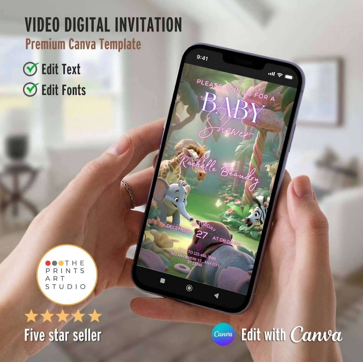Editable Baby Shower Video Invitation Template | Canva Digital Invite with jungle animals displayed on a smartphone screen.