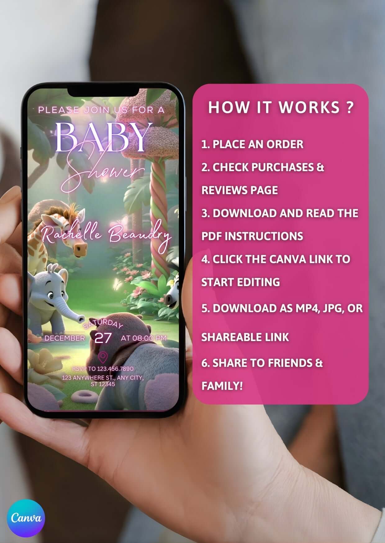 Person holding phone displaying Editable Baby Shower Video Invitation Template | Canva Digital Invite with jungle animal theme.