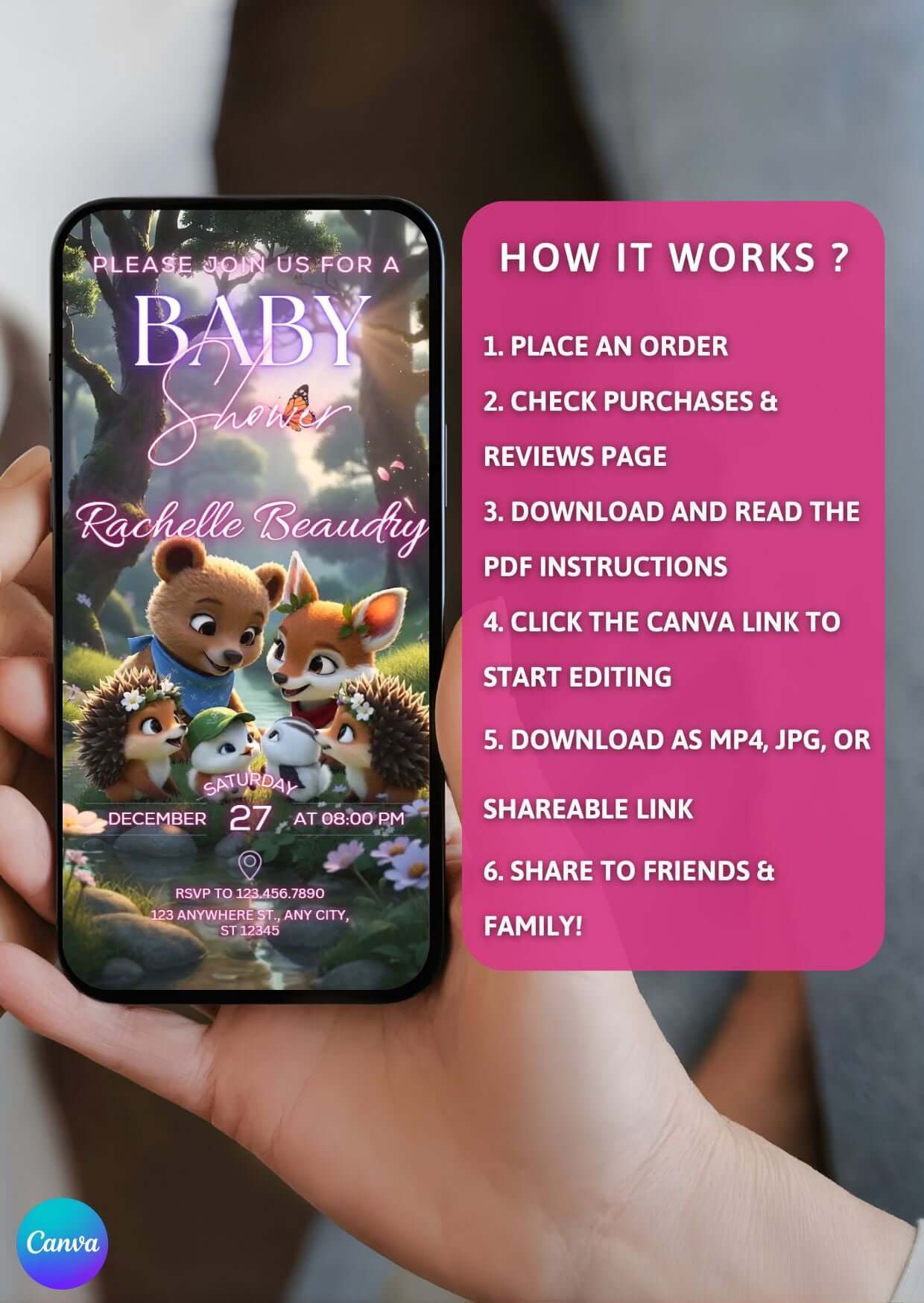 Editable Baby Shower Video Invitation with cute forest animals displayed on a phone, showcasing an animated Canva template design.