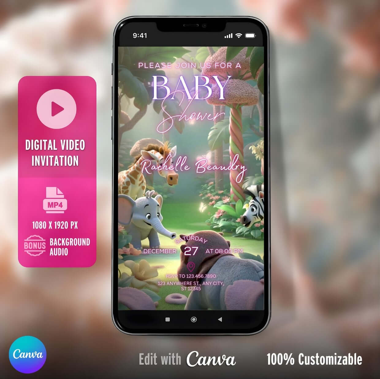 Editable Baby Shower Video Invitation Template | Canva Digital Invite featuring jungle animal theme on smartphone screen.