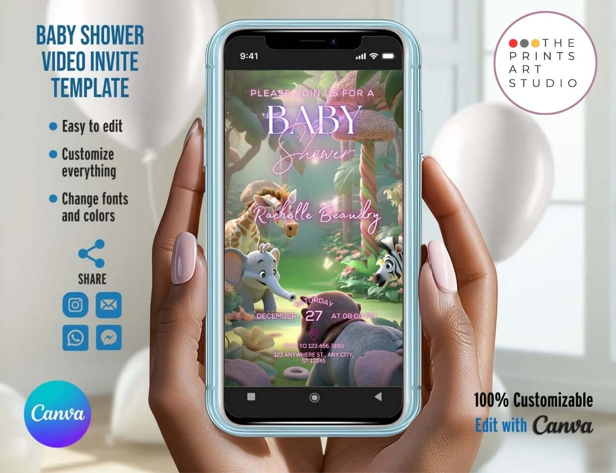 Editable Baby Shower Video Invitation Template | Canva Digital Invite with jungle animals displayed on a smartphone screen.