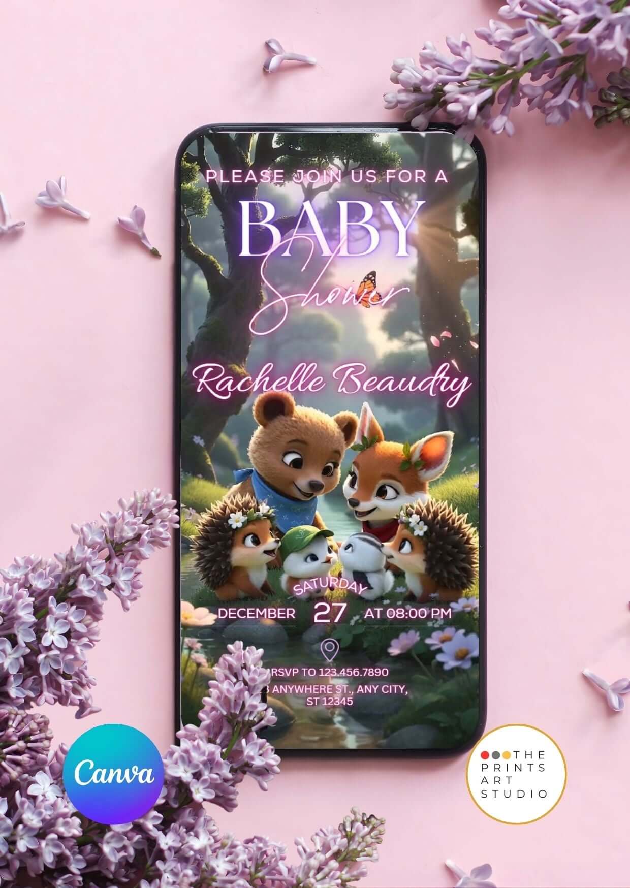 Editable Baby Shower Video Invitation with woodland animals and floral design on a smartphone screen.