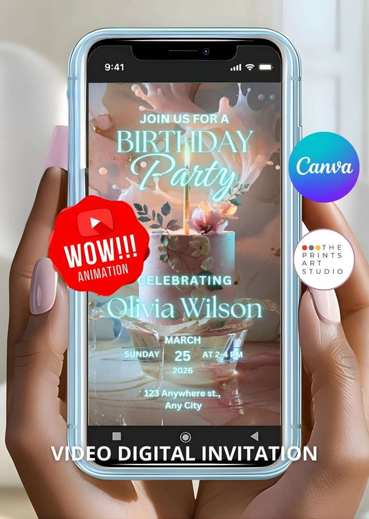 Editable birthday video invitation template ice light cake design on smartphone screen with elegant pastel lighting.