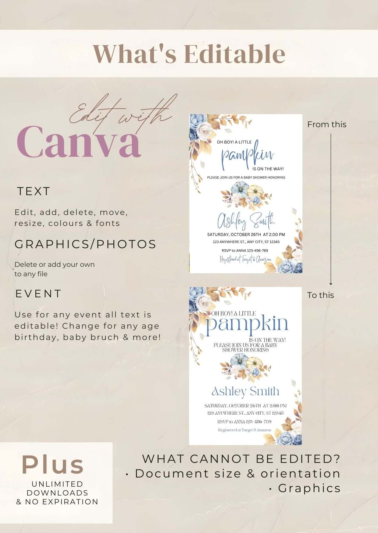 Blue Pumpkin Baby Shower Invitation | Editable Fall Baby Shower Invite | Rustic Floral Digital Download Canva template