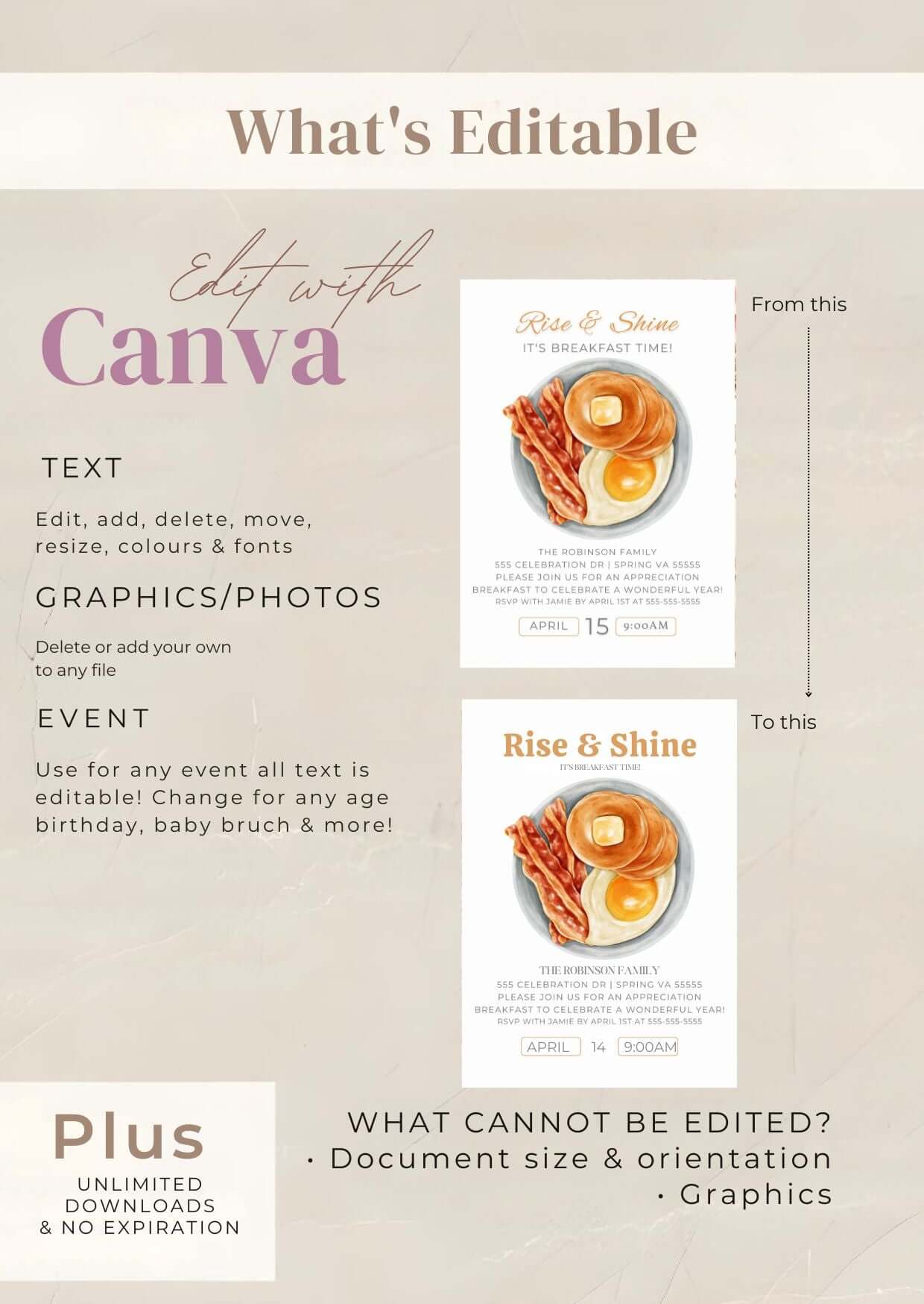 Editable Breakfast Invitation – Rise & Shine Brunch Party Invite, Digital Morning Event Card featuring Canva editing options.