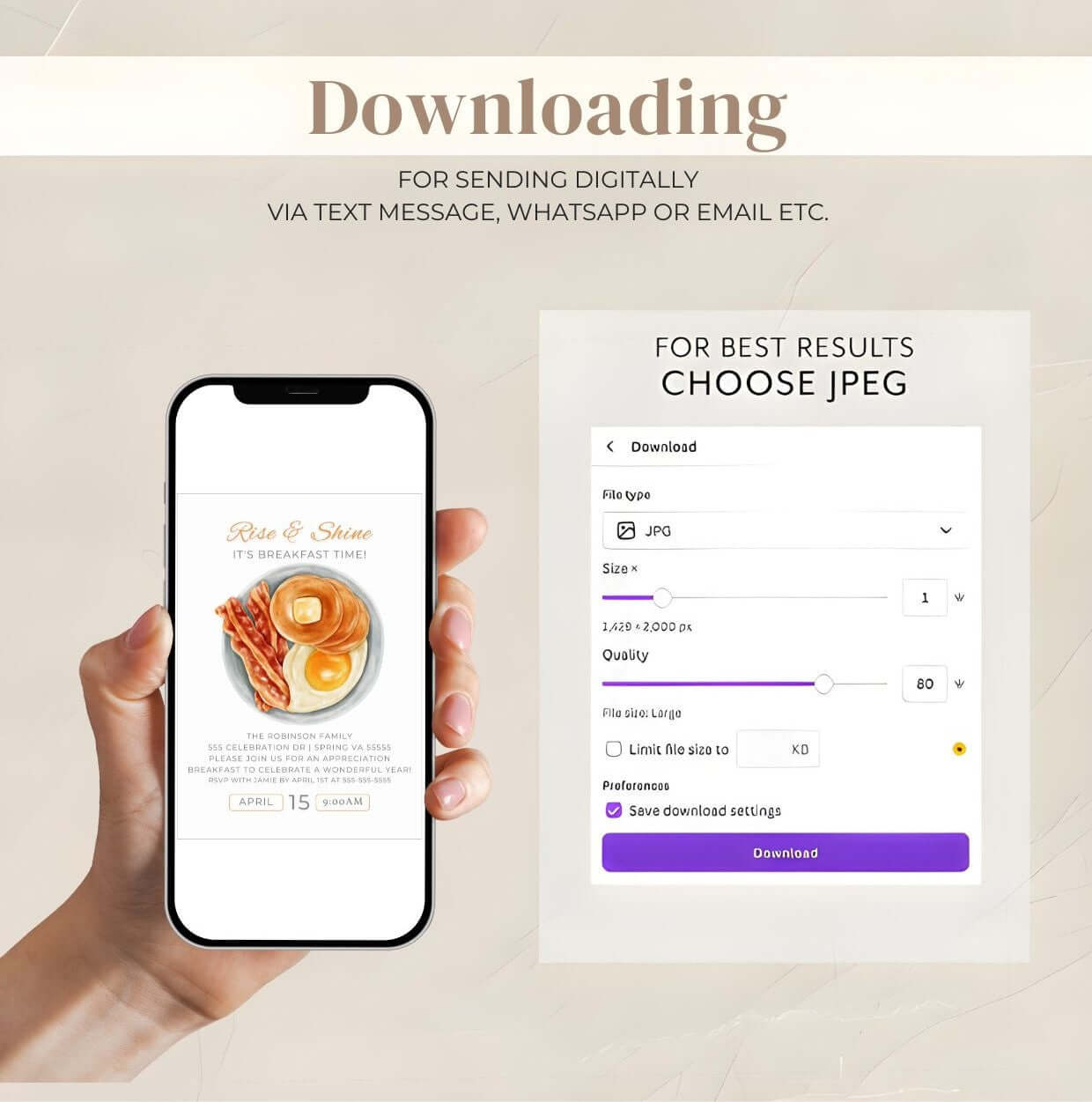 Editable Breakfast Invitation – Rise & Shine Brunch Party Invite, Digital Morning Event Card displayed on smartphone screen.
