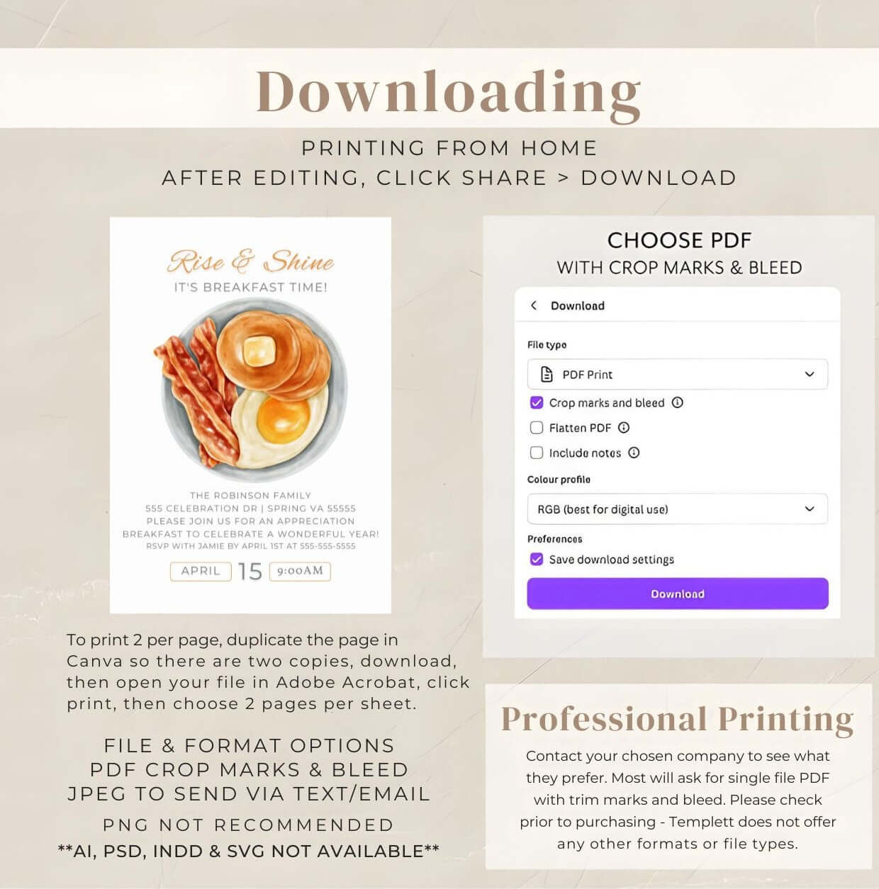 Editable Breakfast Invitation – Rise & Shine Brunch Party Invite, Digital Morning Event Card instructions and PDF download guide.
