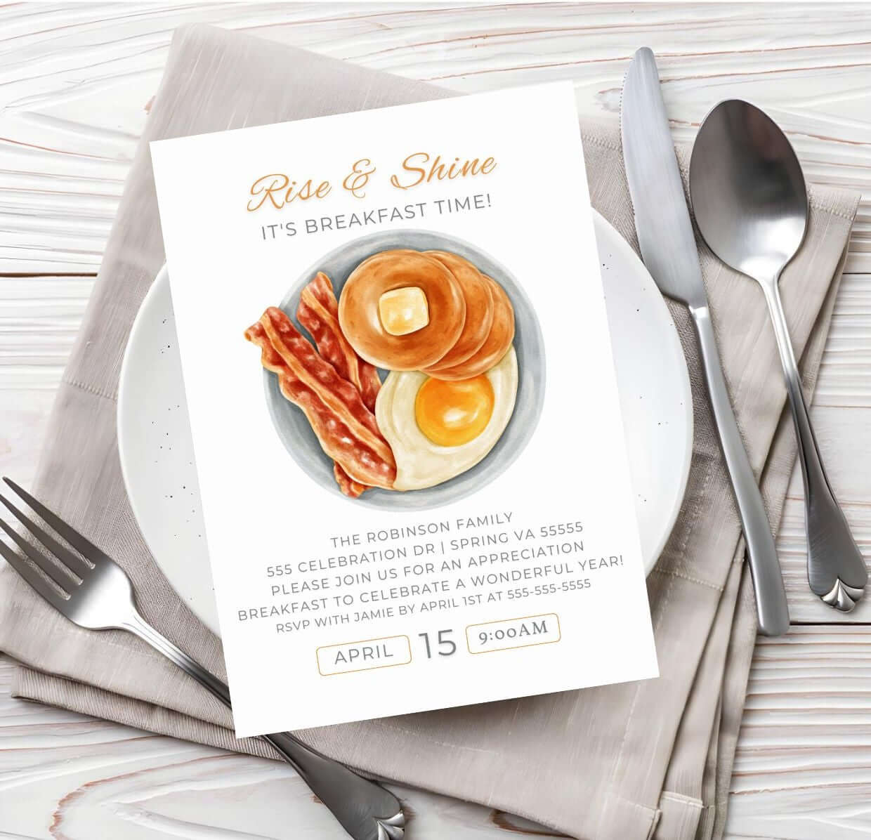Editable Breakfast Invitation – Rise & Shine Brunch Party Invite, Digital Morning Event Card on a white plate with cutlery