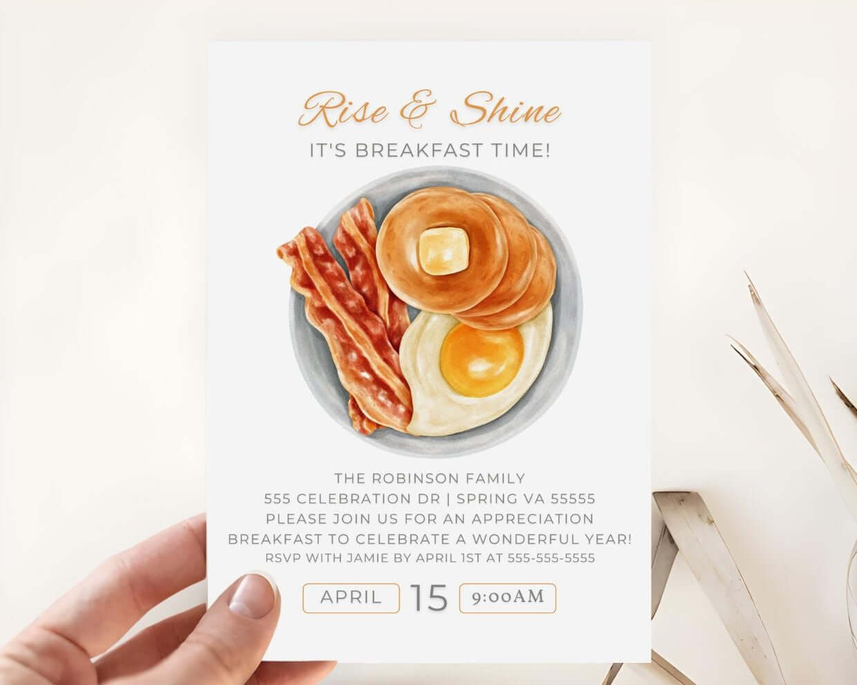 Editable Breakfast Invitation – Rise & Shine Brunch Party Invite, Digital Morning Event Card with pancakes and bacon design