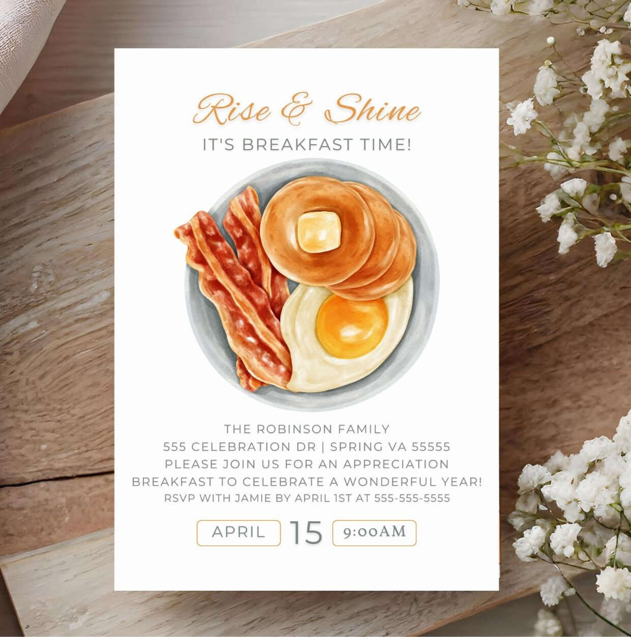 Editable Breakfast Invitation – Rise & Shine Brunch Party Invite, Digital Morning Event Card with eggs, bacon, and pancakes image
