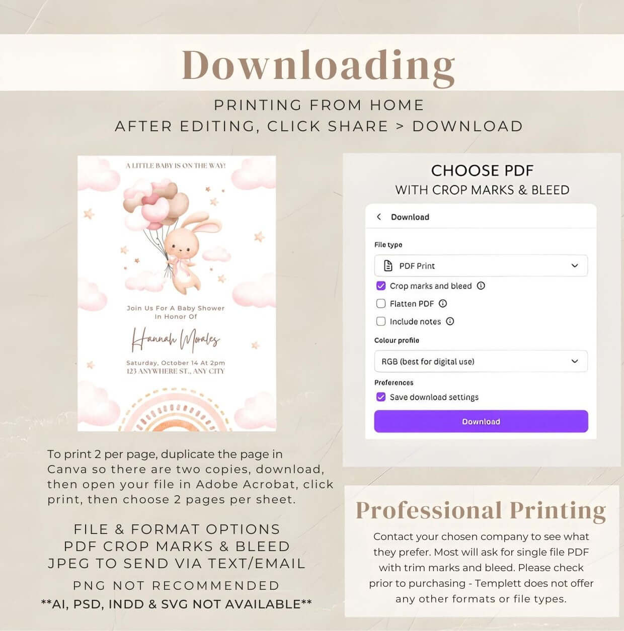 Bunny baby shower invitation template featuring a watercolor bunny with pink balloons and PDF download instructions.