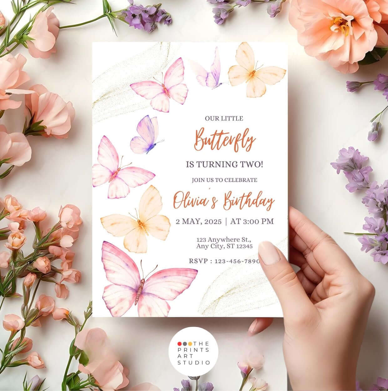 Butterfly Birthday Invitation – Editable Watercolor Floral Party Invite for Girls, Digital Download Template with pastel butterflies.