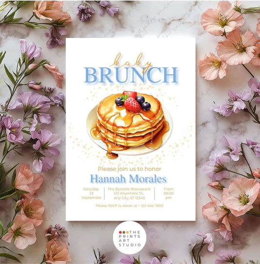 Editable Baby Brunch Invitation – Pancake Baby Shower Invite, Digital Baby Shower Brunch Card with floral border and pancakes.