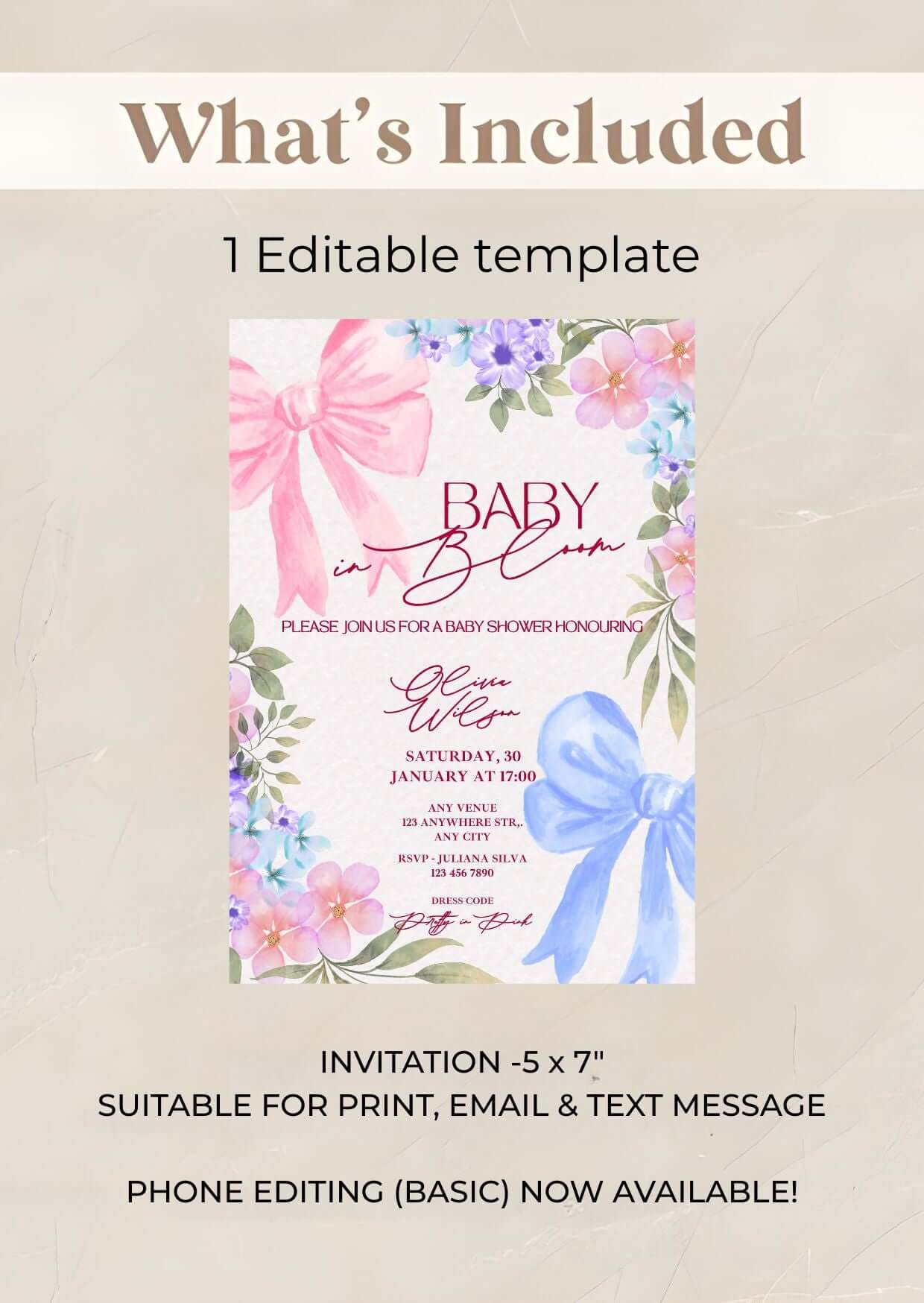 Editable pink floral design baby in bloom baby shower invitation with watercolor flowers and elegant bows.