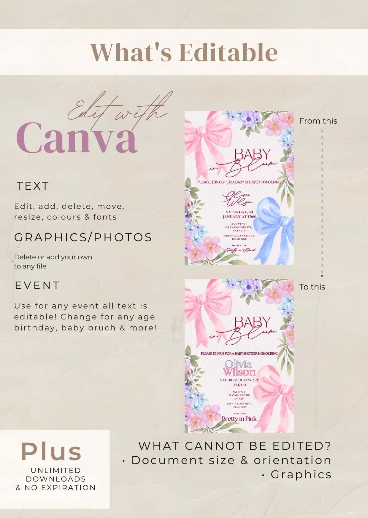 Editable baby in bloom baby shower invitation with pink floral design on Canva