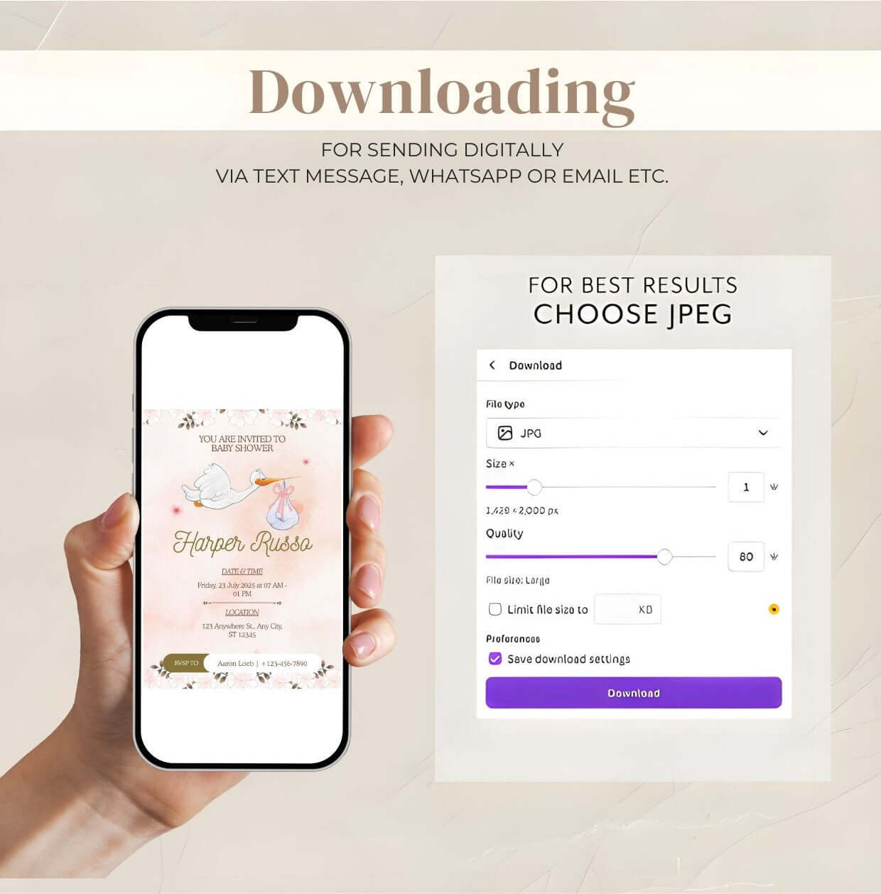 Stork Baby Shower Invitation | Editable Pink Watercolor Baby Shower Invite | Printable Digital Template on phone screen