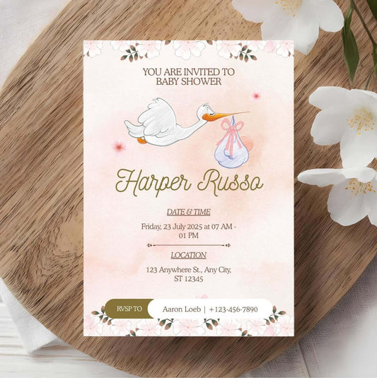 Stork Baby Shower Invitation | Editable Pink Watercolor Baby Shower Invite | Printable Digital Template with floral accents