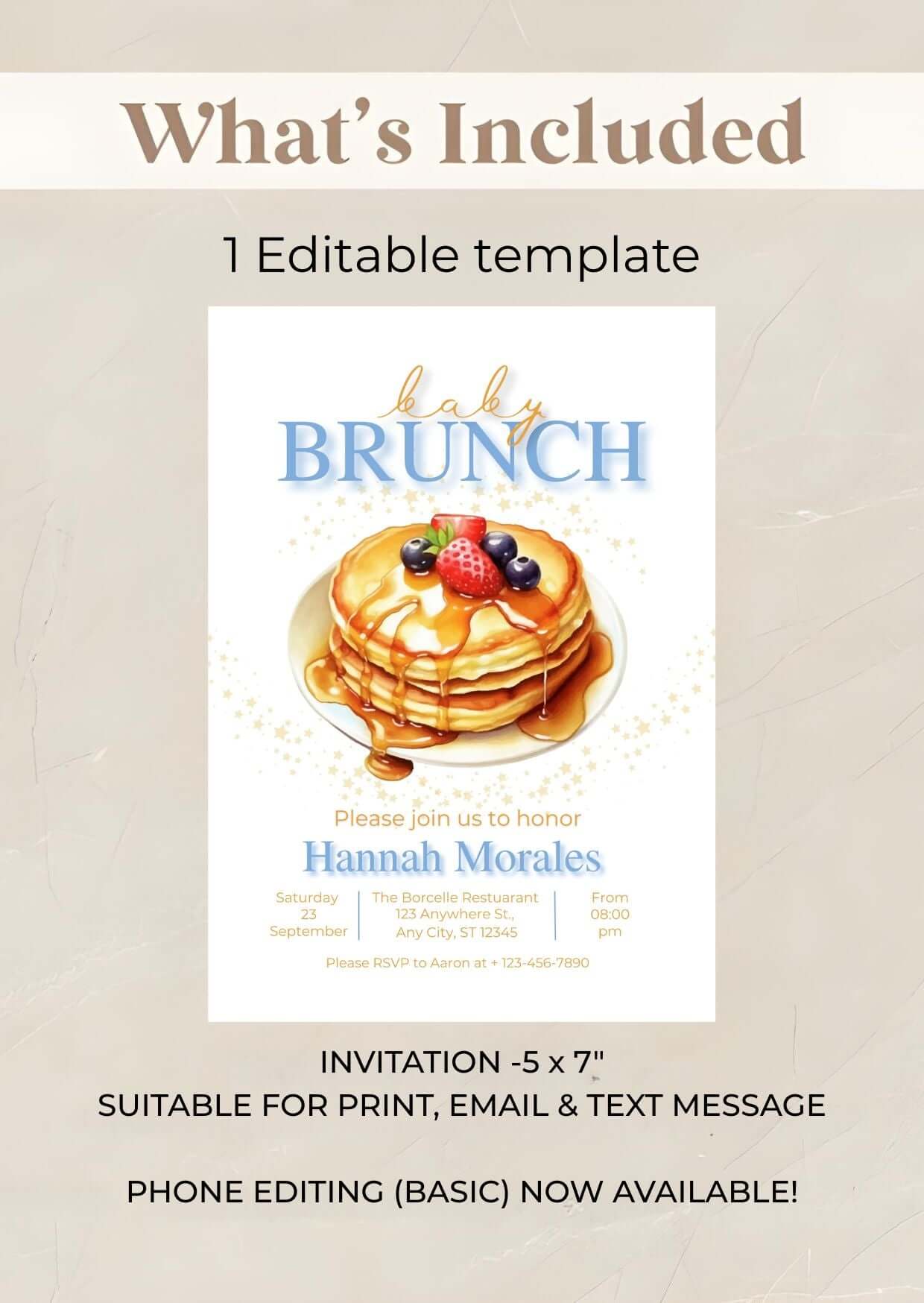 Editable Baby Brunch Invitation – Pancake Baby Shower Invite, Digital Baby Shower Brunch Card with pancake design