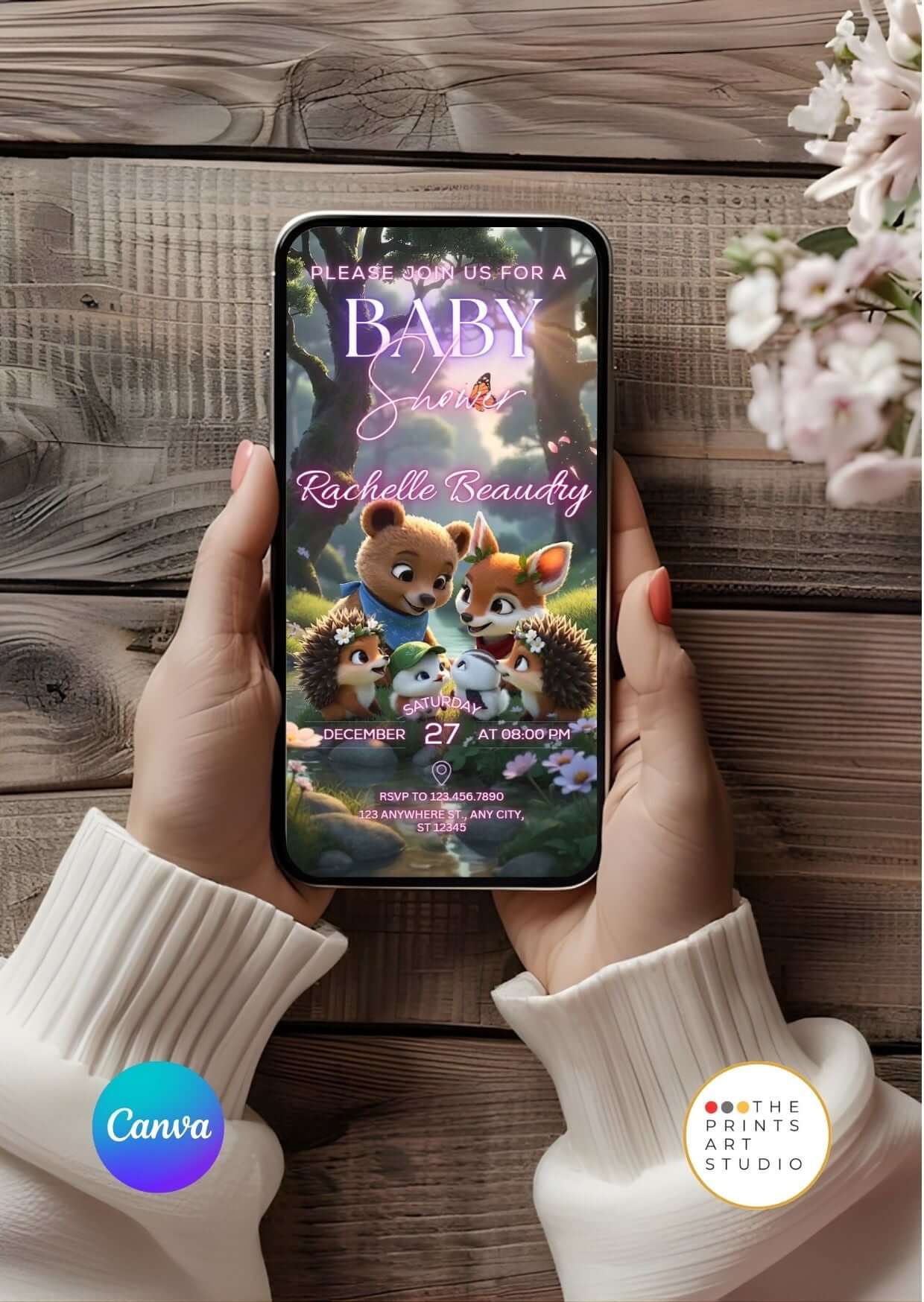 Editable Baby Shower Video Invitation with forest animals on mobile screen.