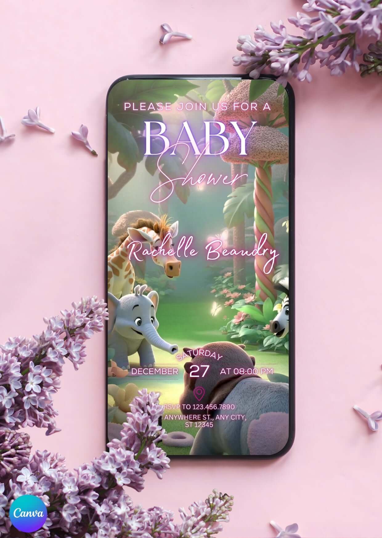 Editable Baby Shower Video Invitation Template | Canva Digital Invite with jungle animals on smartphone screen surrounded by flowers.