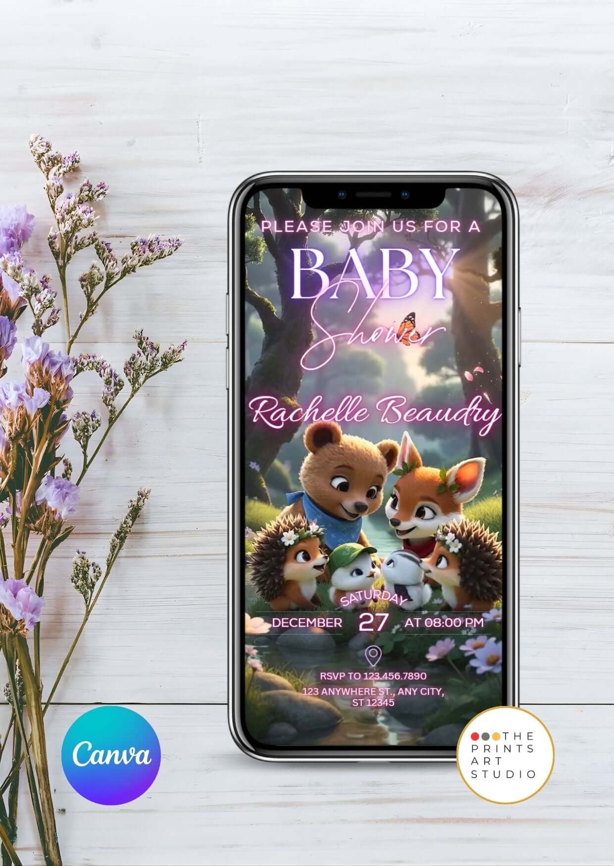 Editable Baby Shower Video Invitation with woodland animals on phone screen.