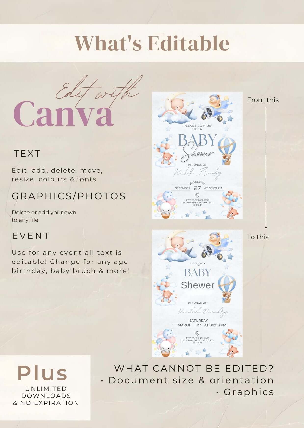 Editable blue pumpkin baby shower invitation template showcasing customization options with Canva.