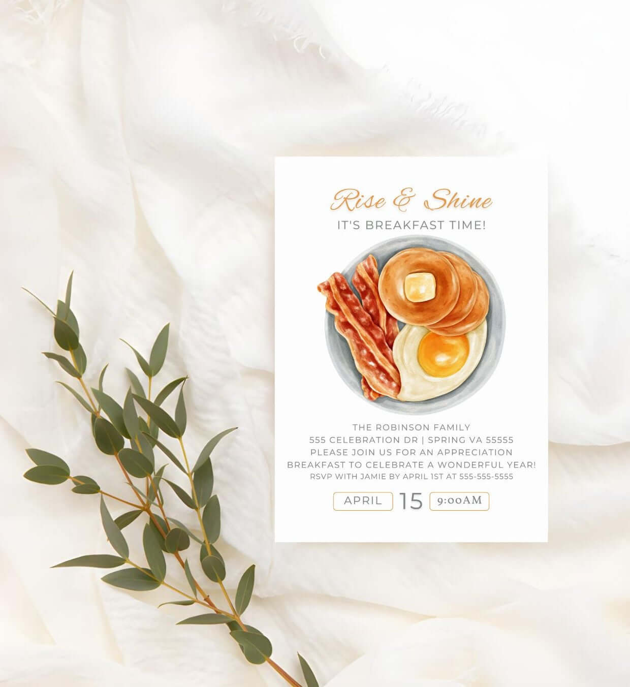 Editable Breakfast Invitation – Rise & Shine Brunch Party Invite, Digital Morning Event Card with pancakes and bacon design