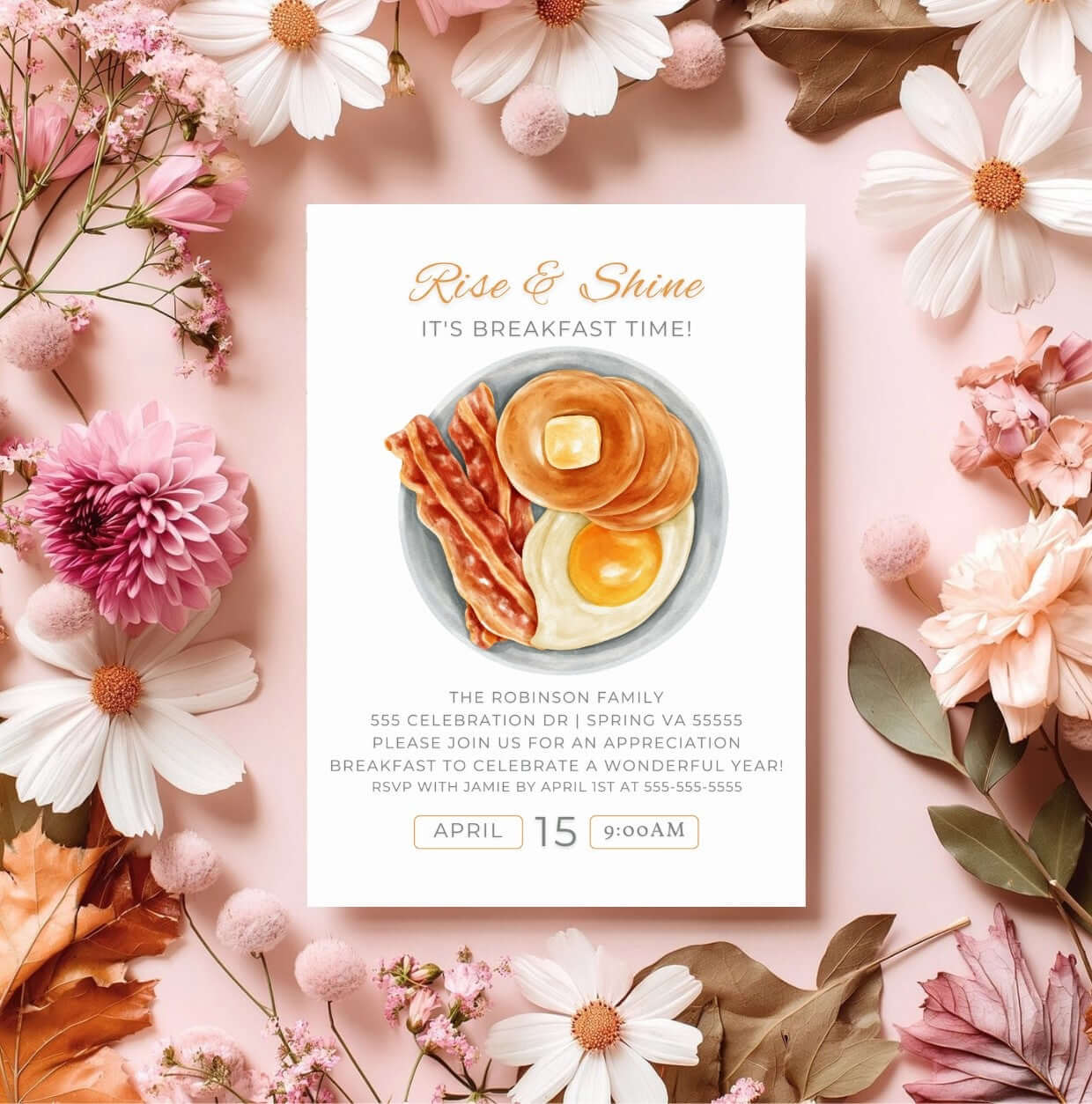 Editable Breakfast Invitation – Rise & Shine Brunch Party Invite, Digital Morning Event Card with floral background.