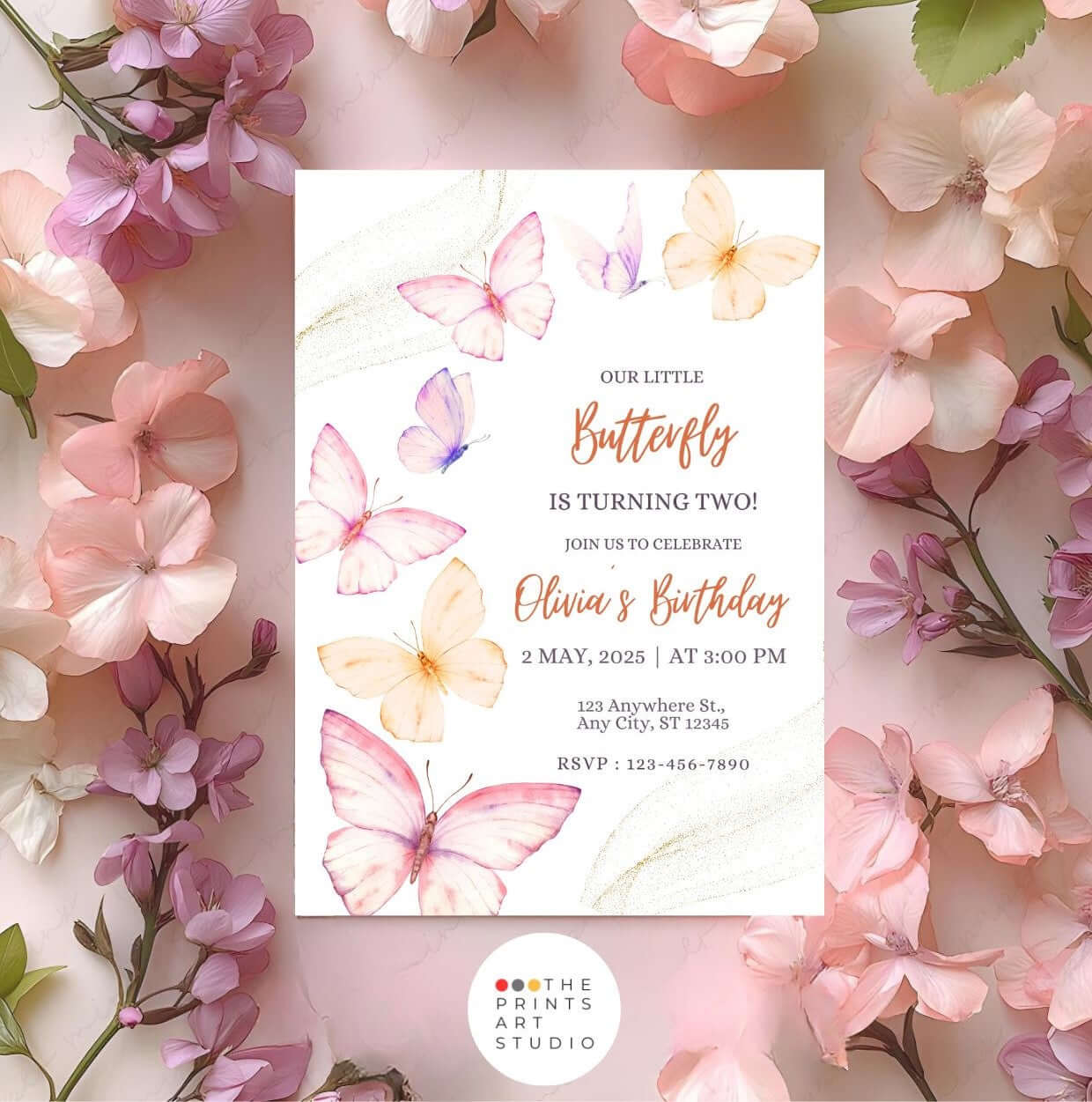 Butterfly Birthday Invitation – Editable Watercolor Floral Party Invite for Girls, Digital Download Template with pastel butterflies.
