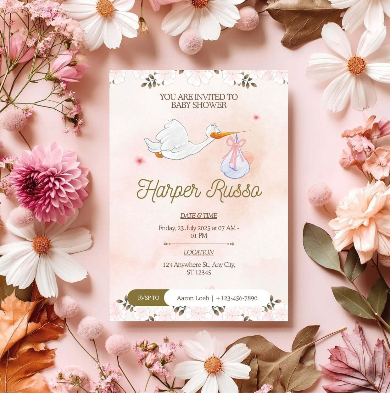 Stork Baby Shower Invitation | Editable Pink Watercolor Baby Shower Invite | Printable Digital Template with floral accents.
